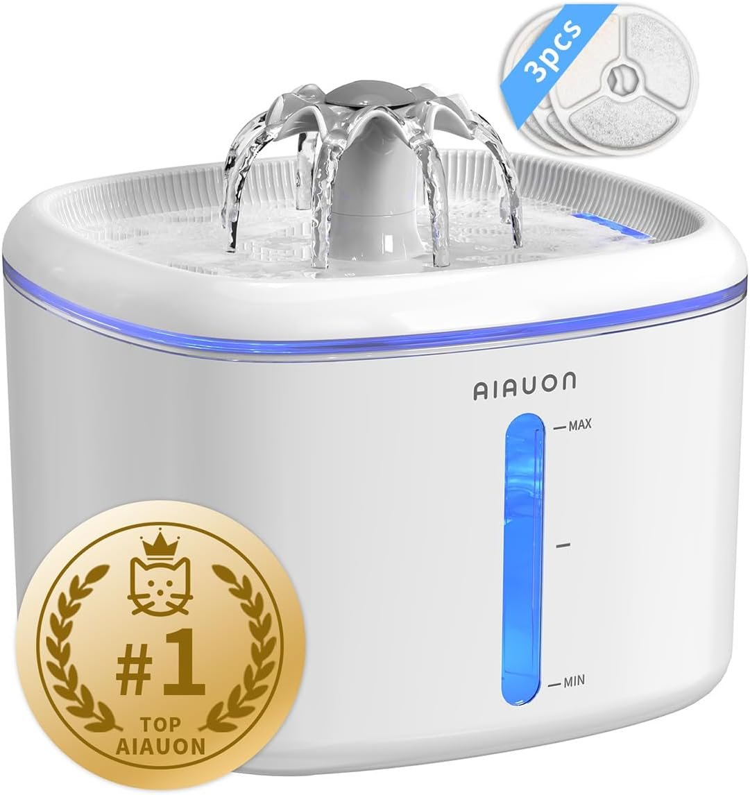 Cat Water Fountain,2.5L/84oz Pet Water Fountain for Cats Inside, Cat Fountain for Drinking with Ultra Quiet Pump(≤20dB)& LED Blue Light – for Pets S