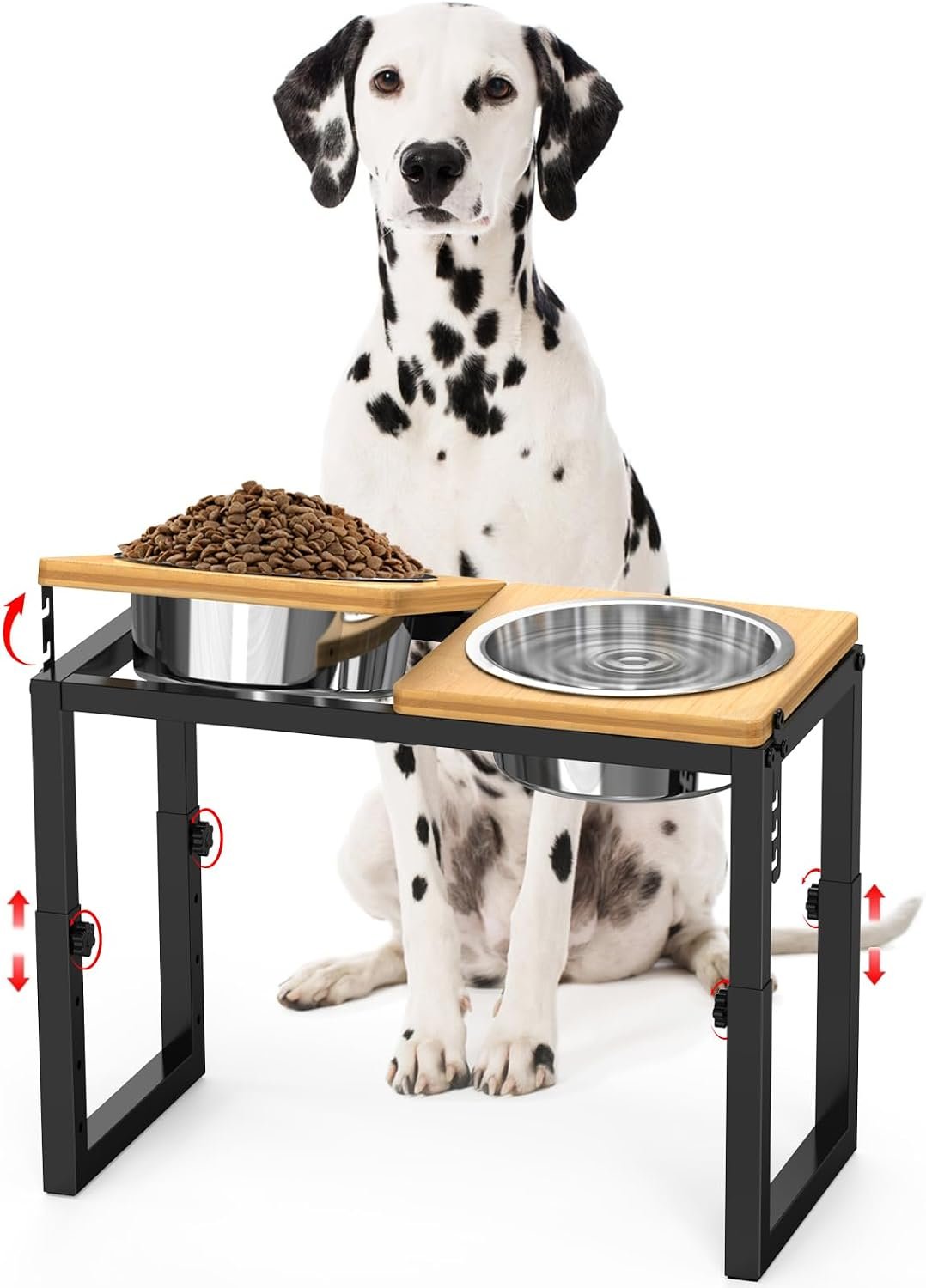 Dog Bowls Elevated, 4 Height (9.6″ to15) & Angle (0-20°) Adjustable Raised Dog Bowl Stand, Elevated Dogs Bowl for Medium to Large Sized, Bamboo Feeding Station with 2X 10cups Stainless Steel Dishes