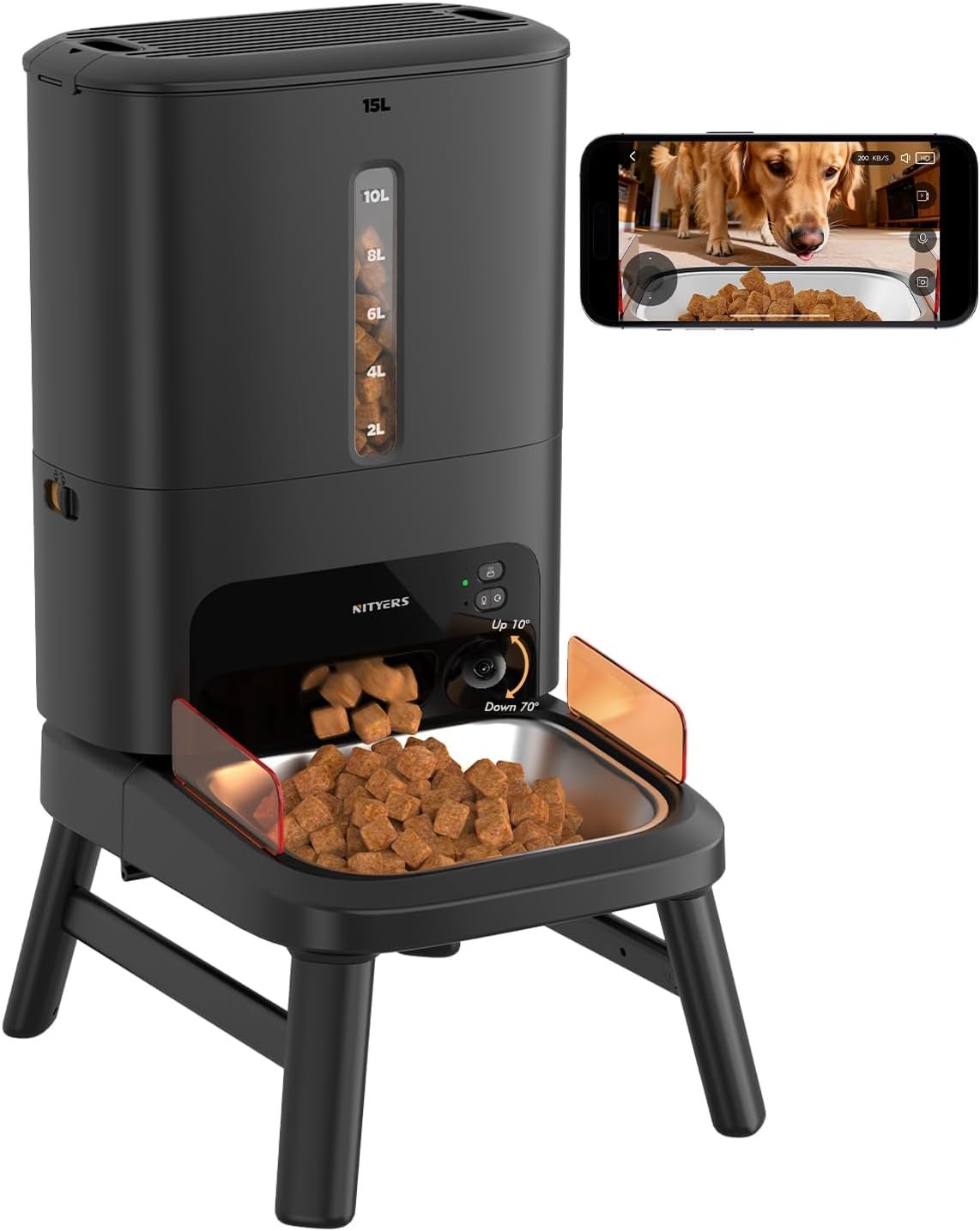 Automatic Dog Feeder for Large Breed with Camera – 15L/ 63 Cups Anti-Clog 5G WiFi Dog Food Dispenser for 2-23mm Kibble, Elevated Stand, Large Food Tray, 1080P HD Video with Night Vision, Keeps Fresh