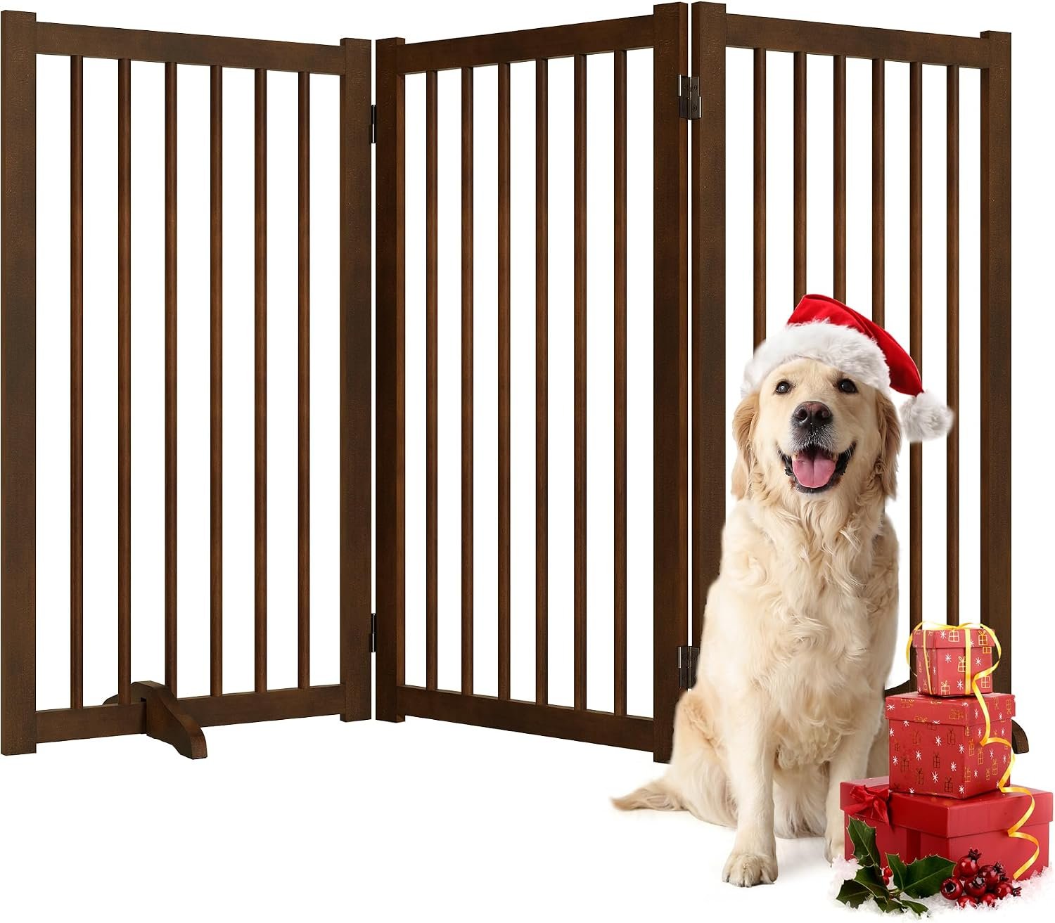 36″ H Freestanding Dog Gate, Solid Wood Foldable Pet Gate with Support Feet, Wooden Tall Dog Gate for Doorway, Stairs & Indoor Use, 60″ Wide Expandable Pet Fence, 3 Panels, Walnut