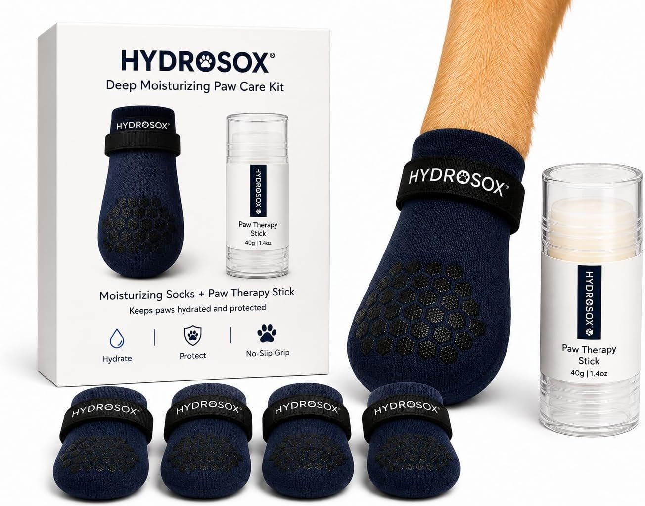 Dog Paw Spa Kit – Paw Balm & Moisturizing Dog Socks for Dry, Cracked Paw Pads – Anti-Lick Paw Protection with 4 Non-Slip Socks + Natural Therapy Stick (Small)