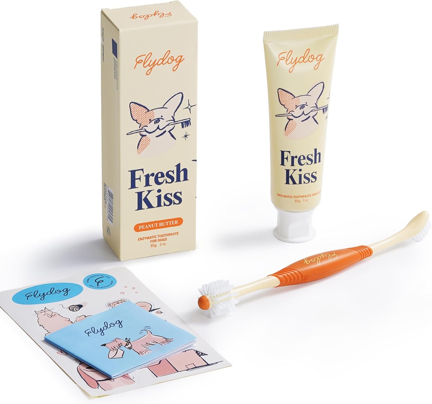 FlyDog Fresh Kiss Dog Tooth Brushing Kit, Enzymatic Dog Toothbrush and Toothpaste- Vet Approved Formula, Breath Freshener & Tartar Remover, 360° Toothbrush for All Round Cleaning (Peanut Butter)