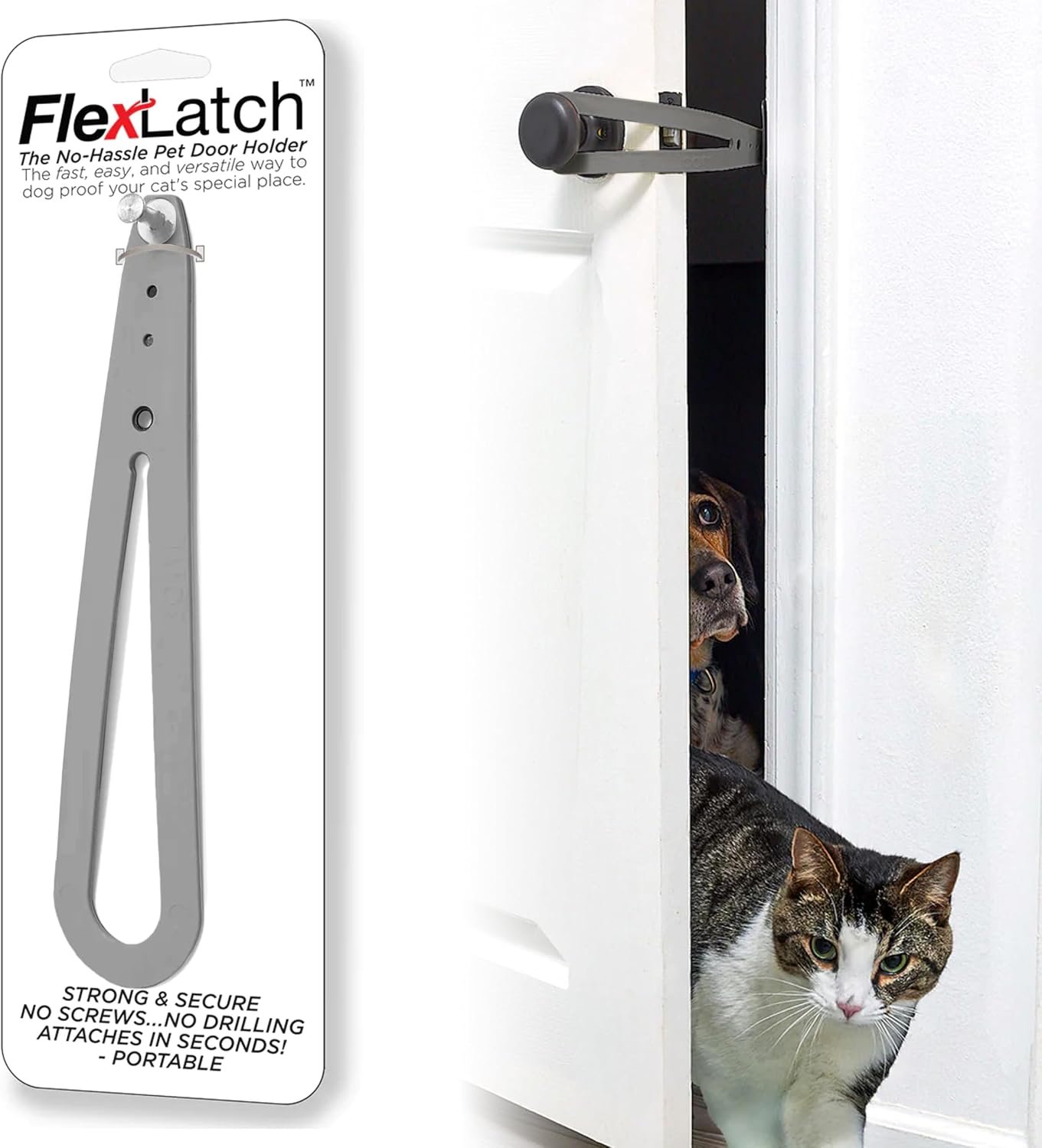 FlexLatch Cat Door Holder Latch – Gray Cat Door Alternative, Flex Latch Strap Let’s Cats in and Keeps Dogs Out of Litter and Food Safe Baby Proof One Piece No Measuring Extra Easy