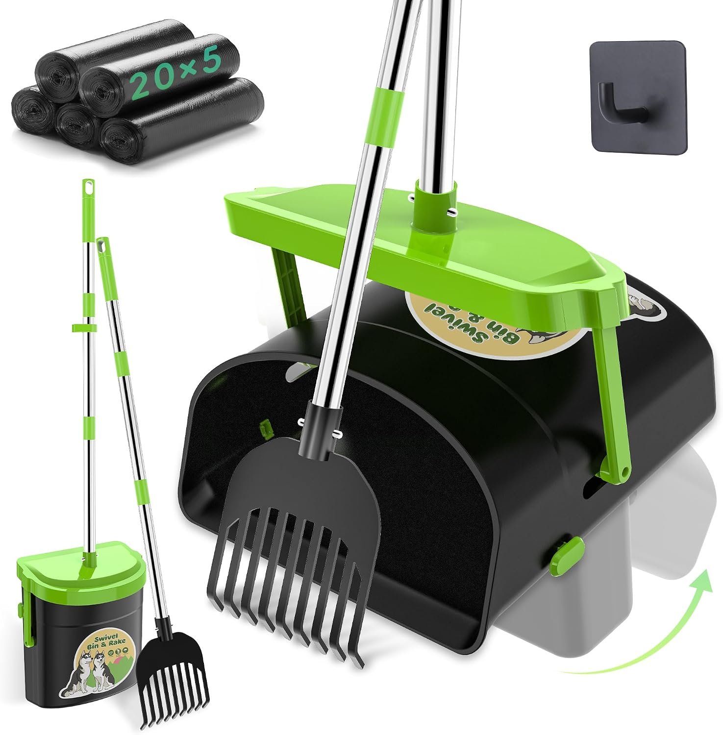 UPSKY 33.4″ Dog Pooper Scooper Swivel Bin & Rake Kit with 100 Waste Bags