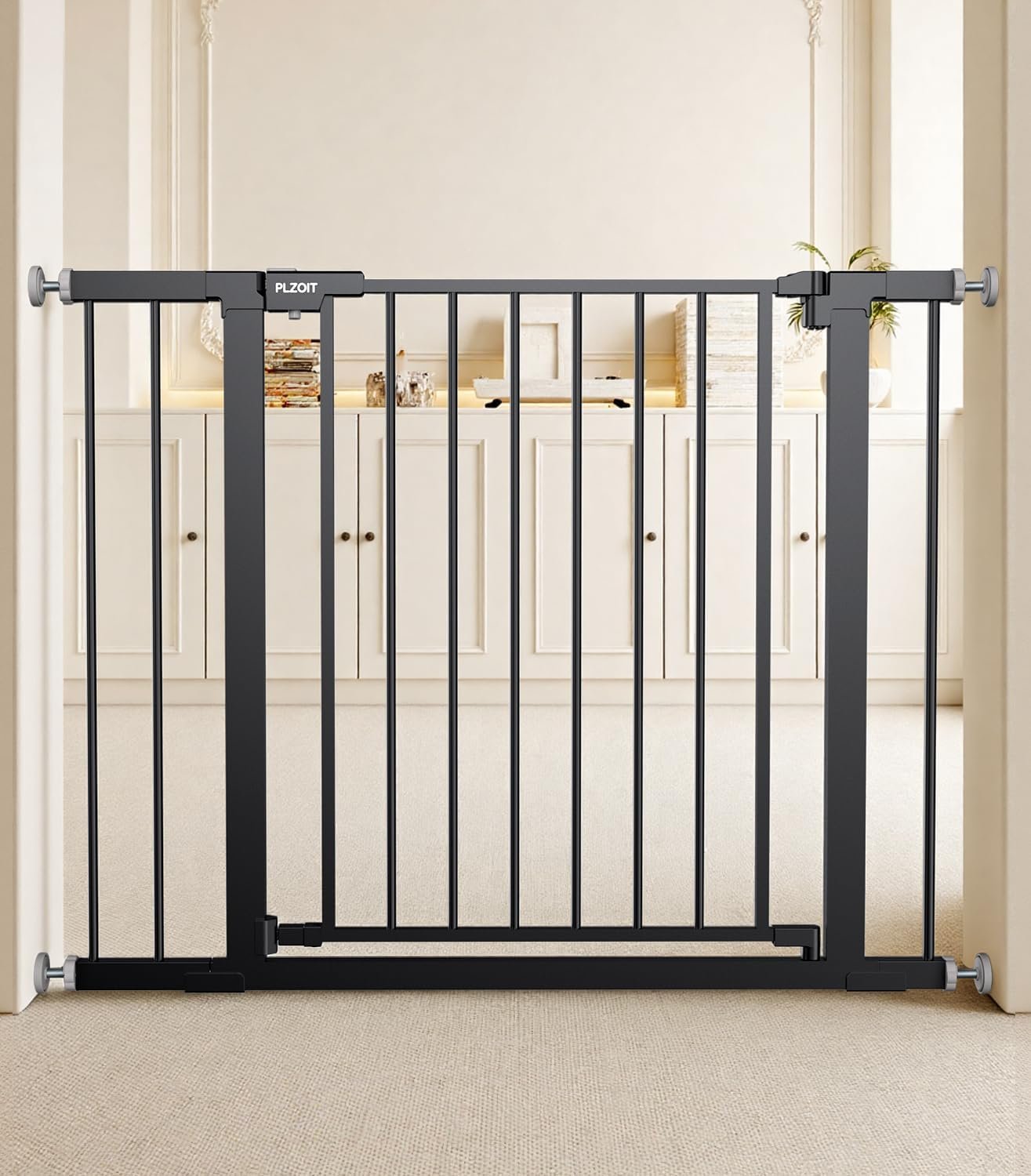 29.5-40.5″ Baby Gate for Stairs, Dog Gate for Doorways, Walk Thru Auto Close Metal Baby Safety Gate for The House, Stairs and Doorways, Child Gate Pressure Mounted, Pet Gate for Dog Indoor – Black