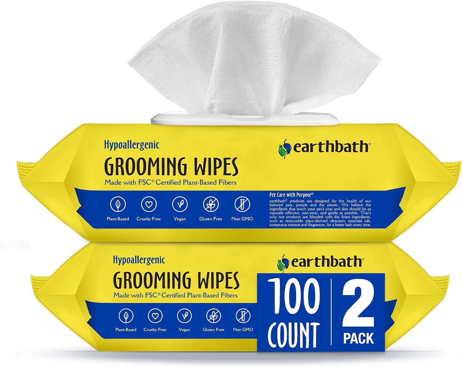 earthbath Hypo-Allergenic Grooming Wipes, Made in USA, 100 Count (2 Pack)