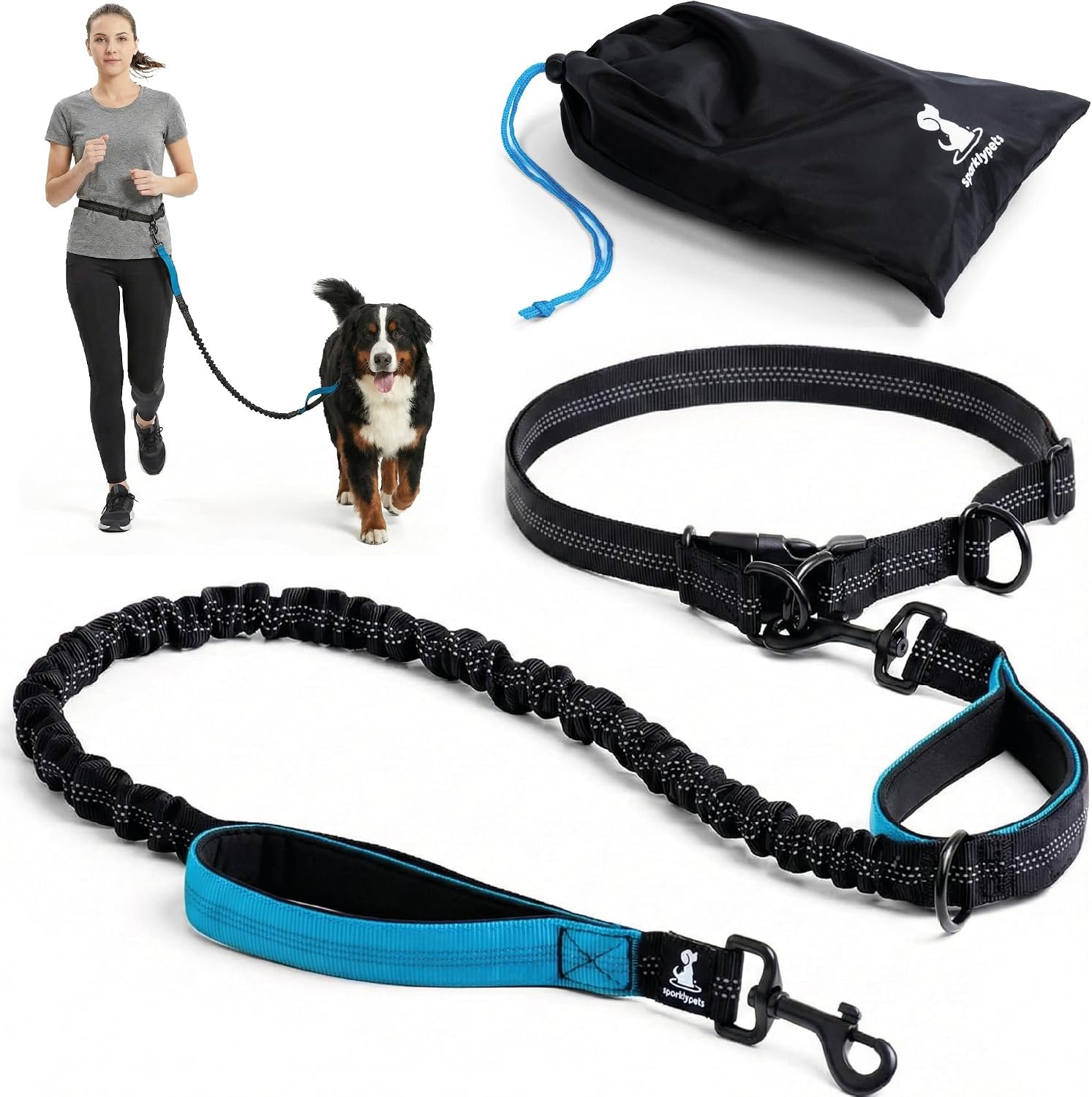 SparklyPets Hands Free Dog Leash, Medium & Large Breeds (Blue, 1 Dog)