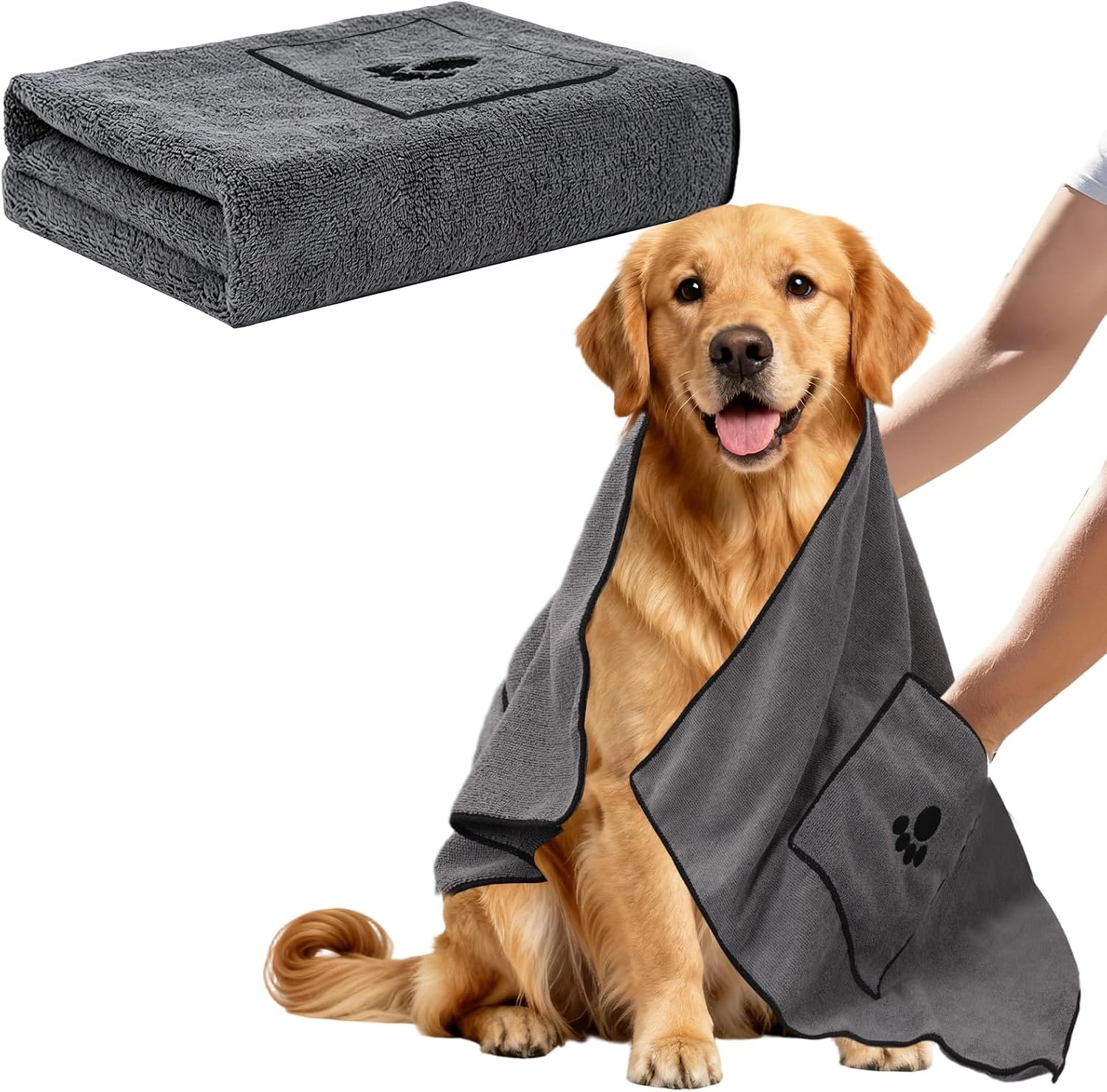 ATONET Microfiber Dog Towel with Two Pockets for Drying, 40″x23.6″ Super Absorbent Pet Grooming Towel, Soft and Quick Drying for Large Dogs, Shower & Bath Supplies (Grey)