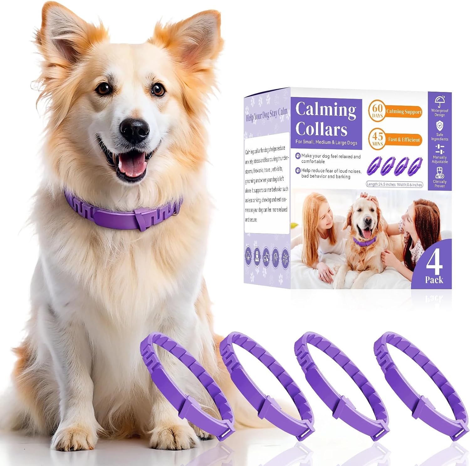 Calming Collar for Dogs 4 Pack – Up to 240 Days Total, 60 Days Each Pheromone Dog Collar for Anxiety and Stress Support – Adjustable Dog Calming Collar for Small Medium Large Dogs, Purple
