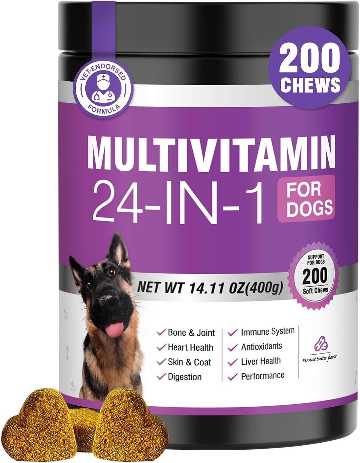 24-in-1 Dog Vitamins and Supplements 200 Ct Dogs Multivitamin Chewable Contain Chondroitin Probiotics Omega-3 Glucosamine for Dogs Skin Coat Heart Joint Gut Liver Brain Immune Support – Peanut Butter