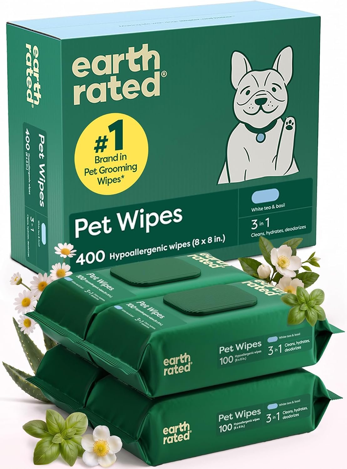 Earth Rated Dog Wipes for Paws & Butt, Deodorizing, White Tea & Basil 400ct