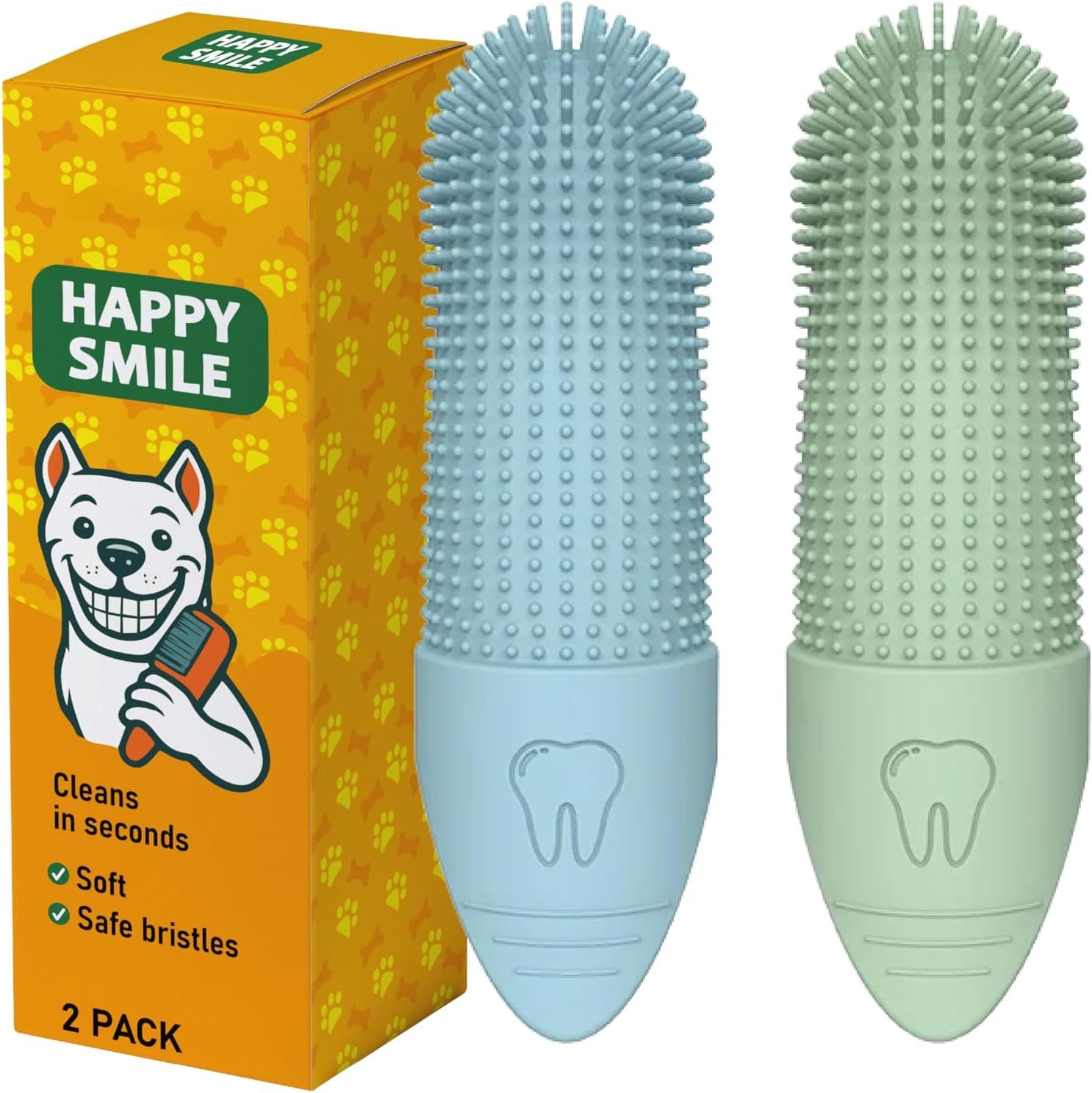 Happy Smile Dog Toothbrush 360° – Soft Silicone Finger Toothbrush for Dogs & Cats, Gentle Teeth Cleaning, BPA-Free, 2-Pack (Blue & Green)