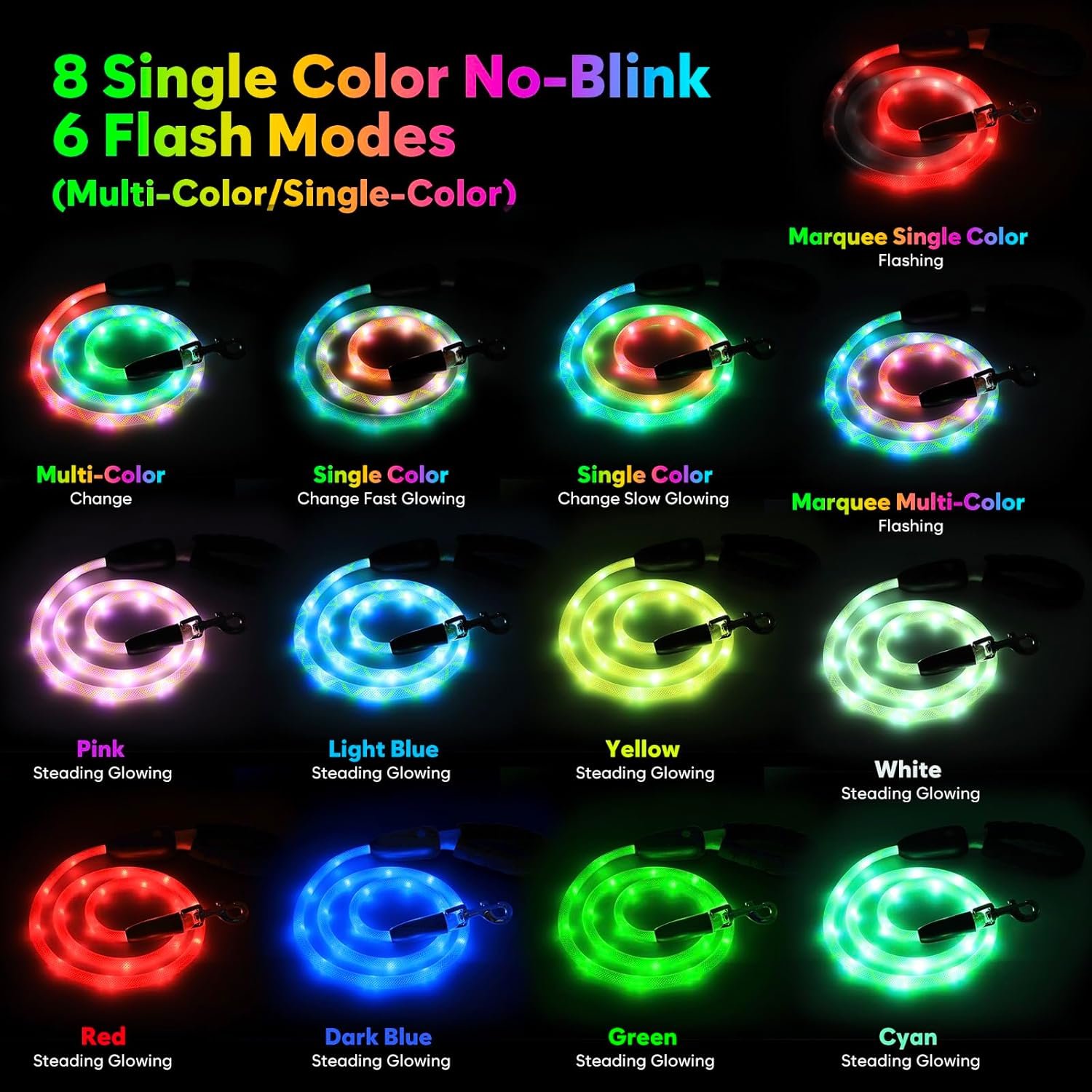 YFbrite 4Ft Light Up Dog Leash, LED & Rechargeable USB-C, 15 Flashing Modes, Waterproof Reflective Dog Leash for Night Walking, 1000ft Visible Suit Small Medium Dogs