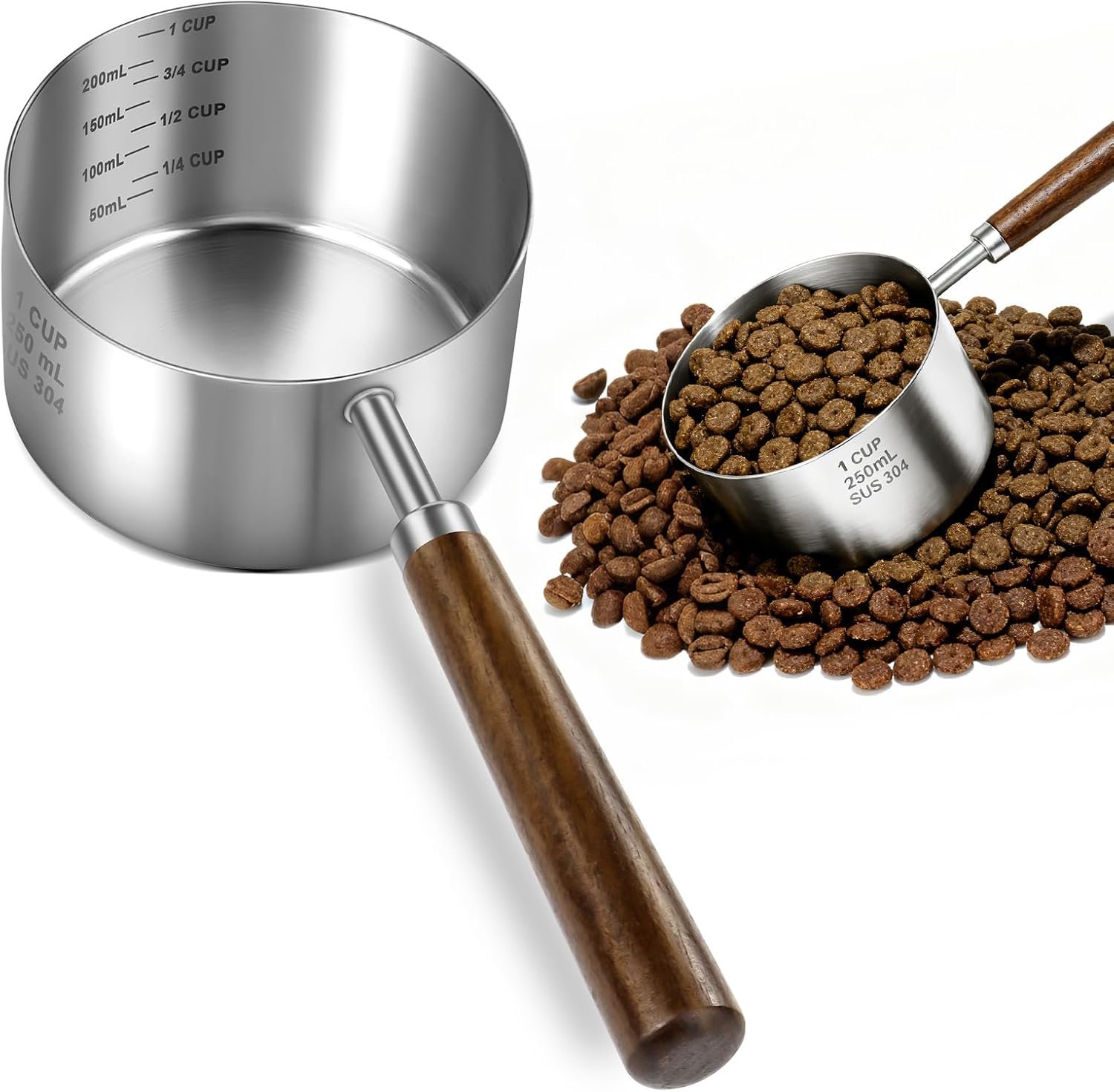 Stainless Steel Dog Food Scoop 1 Cup, Dog Food Measuring Cup With Measuring Lines (Cup/ML) & Long Wooden Handle, Metal Pet Food Scoop For Dogs, Cats and Kitchen Use, Dishwasher Safe