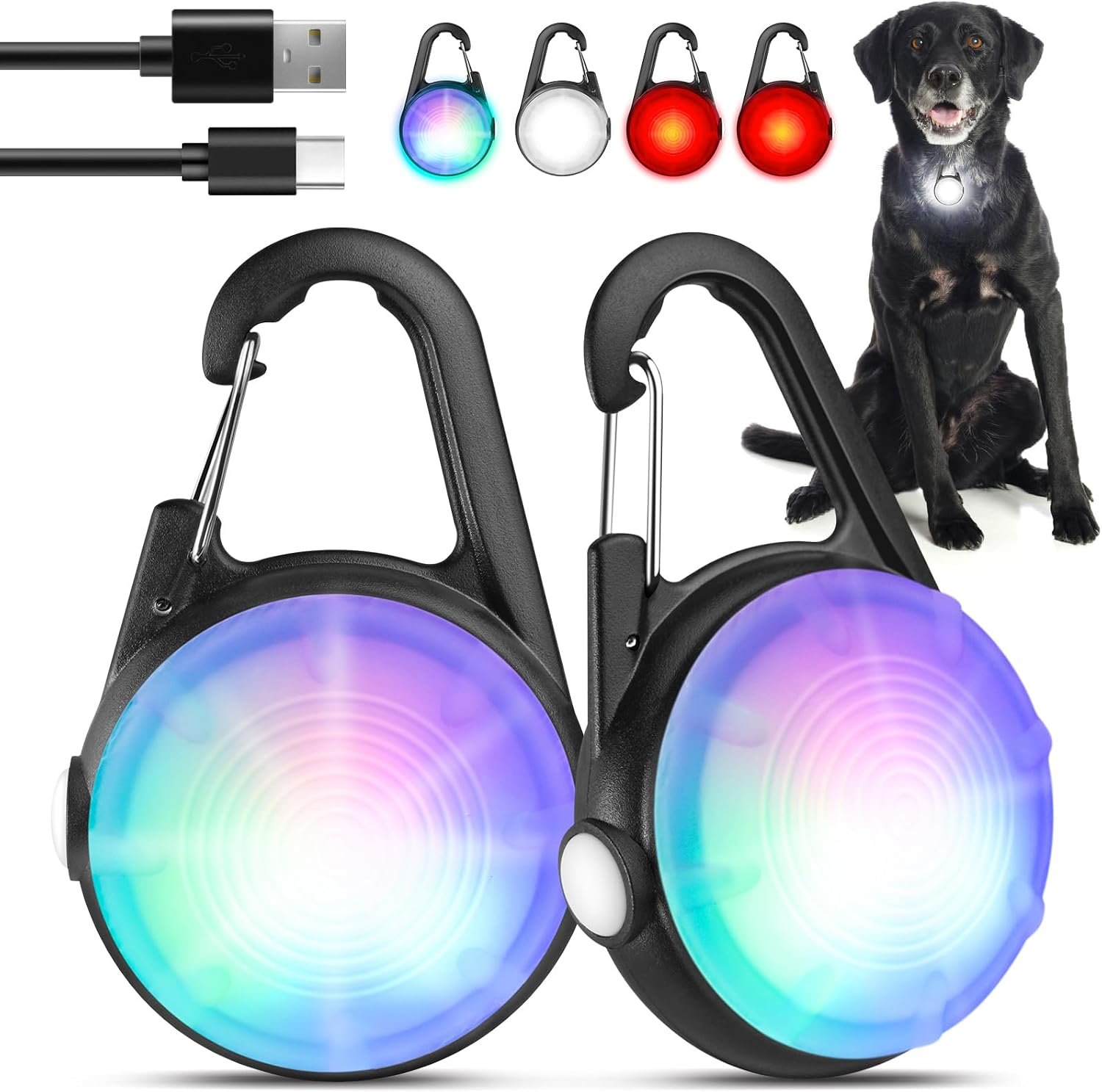 2Pack Dog Lights for Night Walking Dog Collar Light Clip on Rechargeable Glow in The Dark Light with 4Modes & RGB Color for Camping