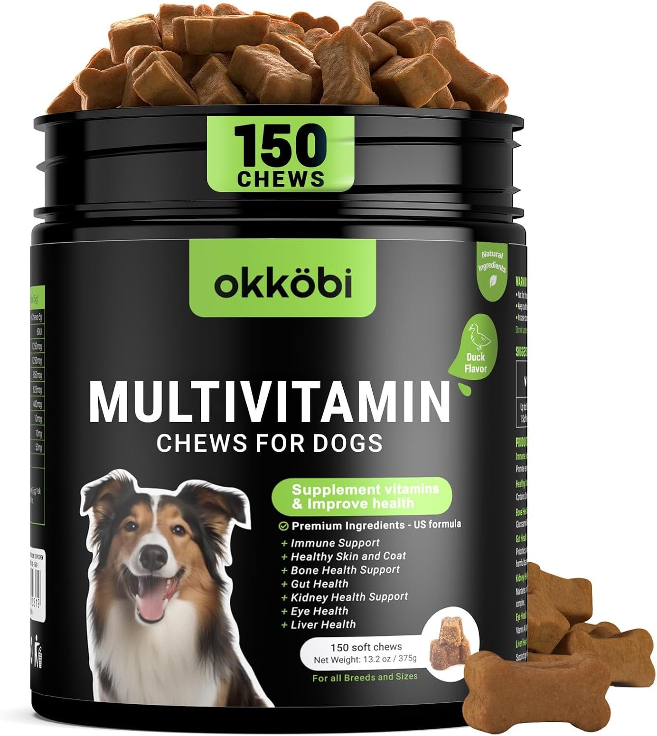 Dog Vitamins and Supplements – 150 Dog Multivitamin Chewable – Immune, Joint Support, Skin, Gut Health + Packed with Omega 3s, Glucosamine & Probiotics – Safe for Puppy – Duck