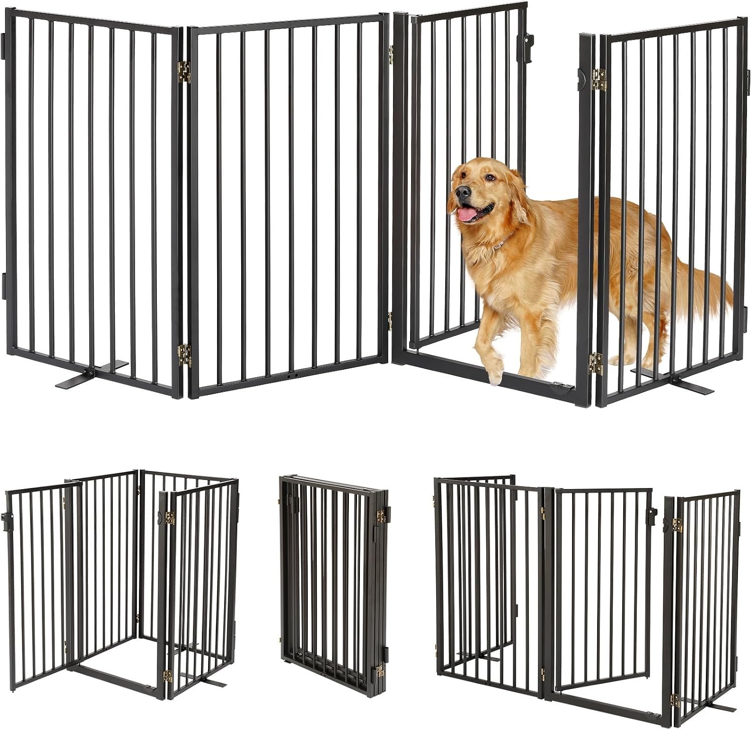 Metal Freestanding Dog Gates with Door for Outdoor Indoor,80” Extra Wide 32” Tall Free Standing Dog Gate for Doorways,Large Openings,Deck,Porch,Foldable Safety Pet Fence(Black,4 Panels)