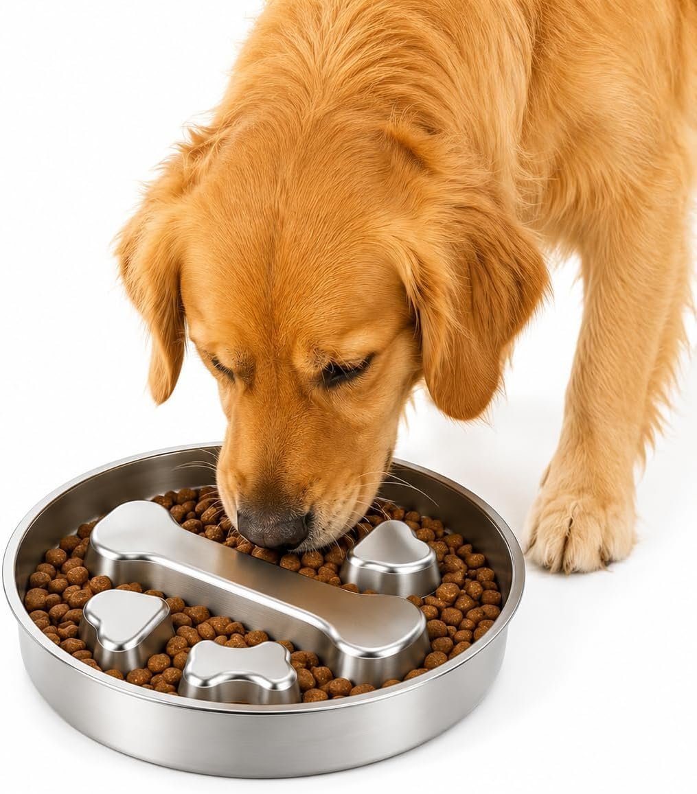 304 Stainless Steel Slow Feeder Dog Bowl, Double-Sided Anti-Gulping Puzzle Bowl, Bone Design, Dishwasher Safe, for Medium Large Dogs