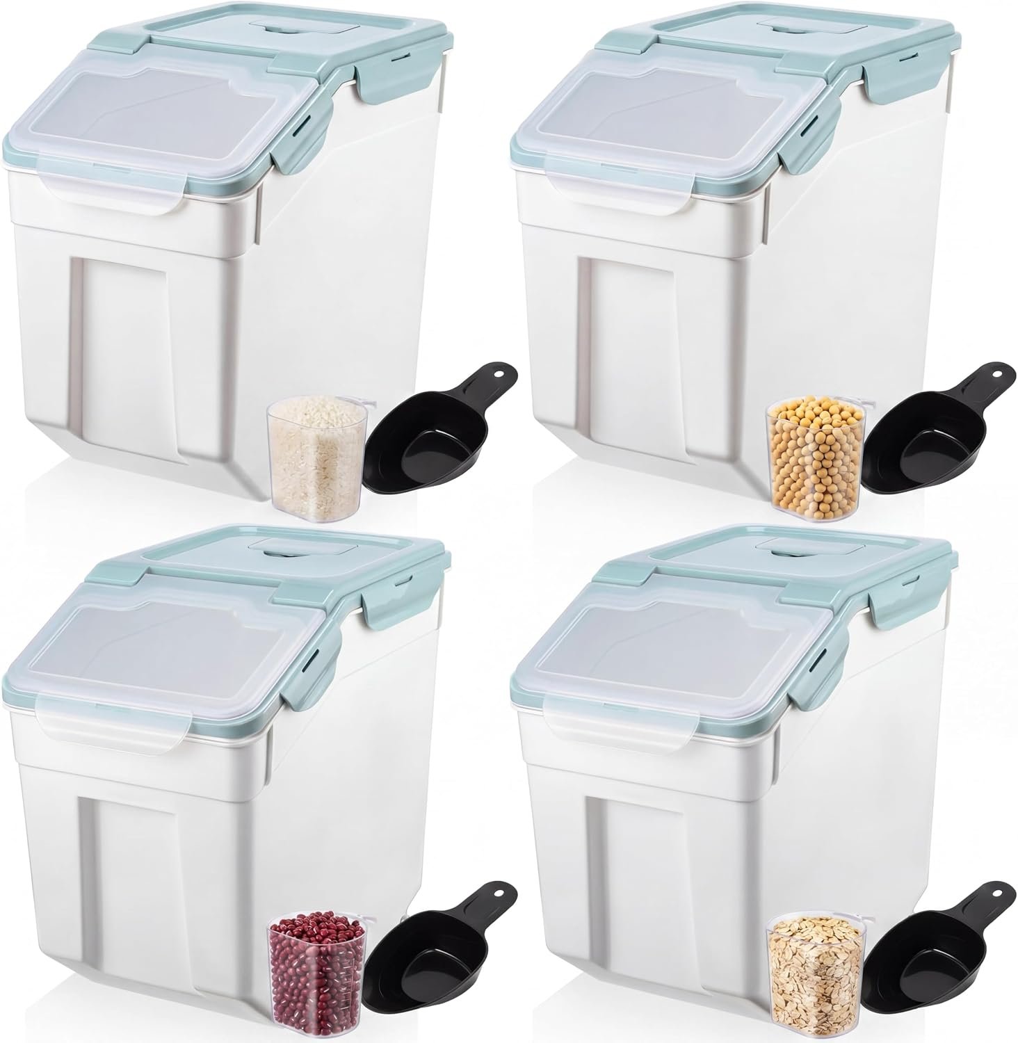 Sunnyray 4 Pcs 55 Lbs Blue Rice Flour Storage Bins with Wheels