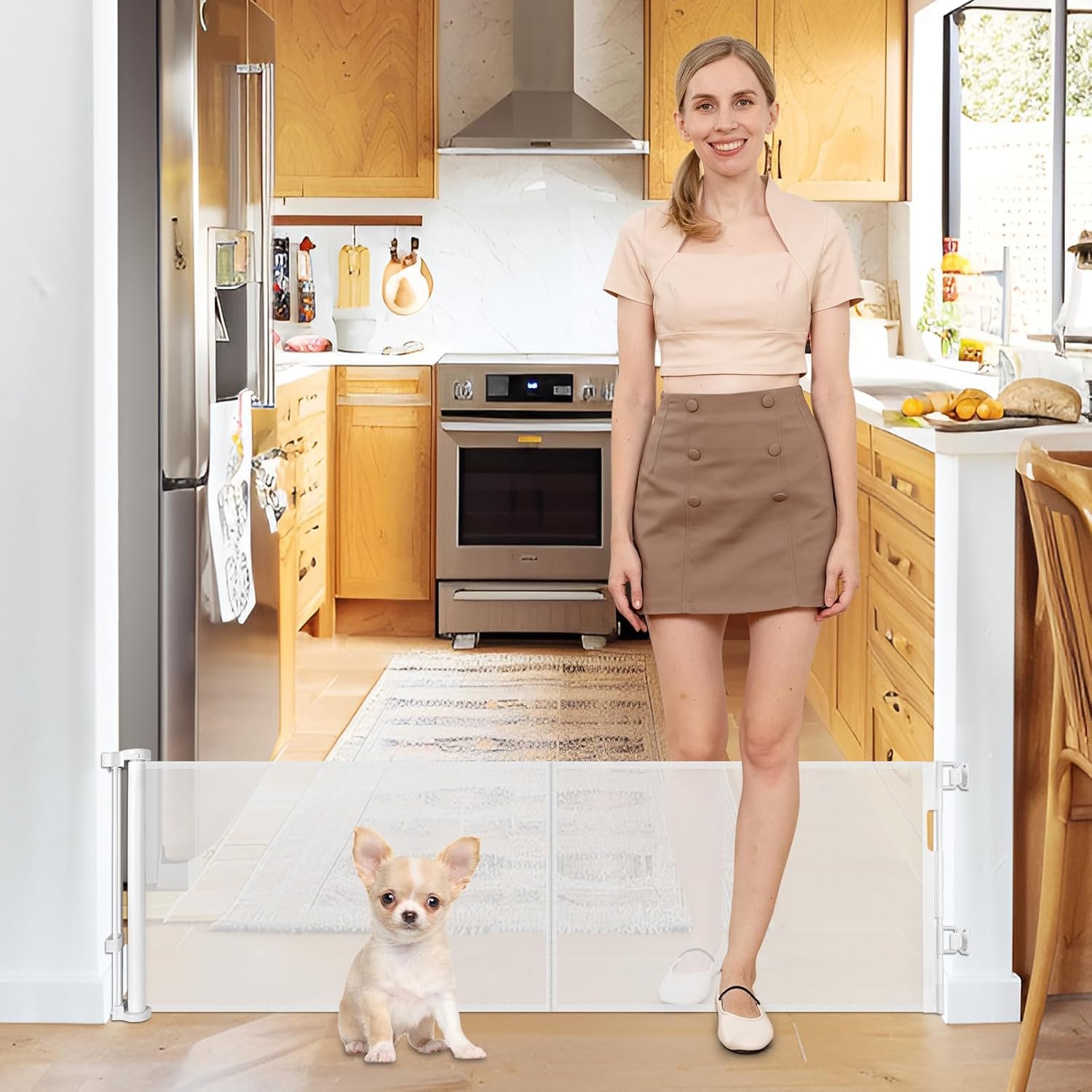 20 Inches Tall Retractable Dog Gate to Step Over, Short Pet Gate for Doorways, Extends up to 55″ Wide, Step Over Puppy Gates for The House Mesh Doggie Gates Small Dog Gate Indoor Outdoor (White)