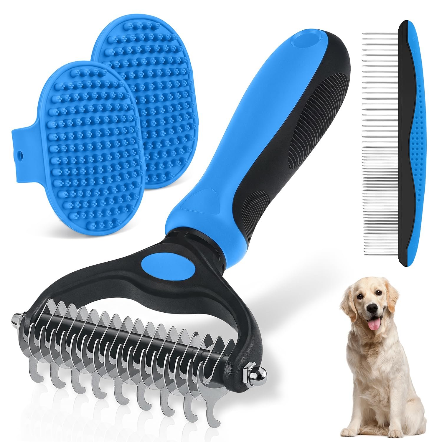 Dog Grooming Rake 4-in-1 Kit – Deshedding Undercoat Rake, Dematting Comb & Bath Massager for Dogs & Cats – Reduces Shedding up to 95% – Rounded Teeth for Sensitive Skin, Long & Short Hair