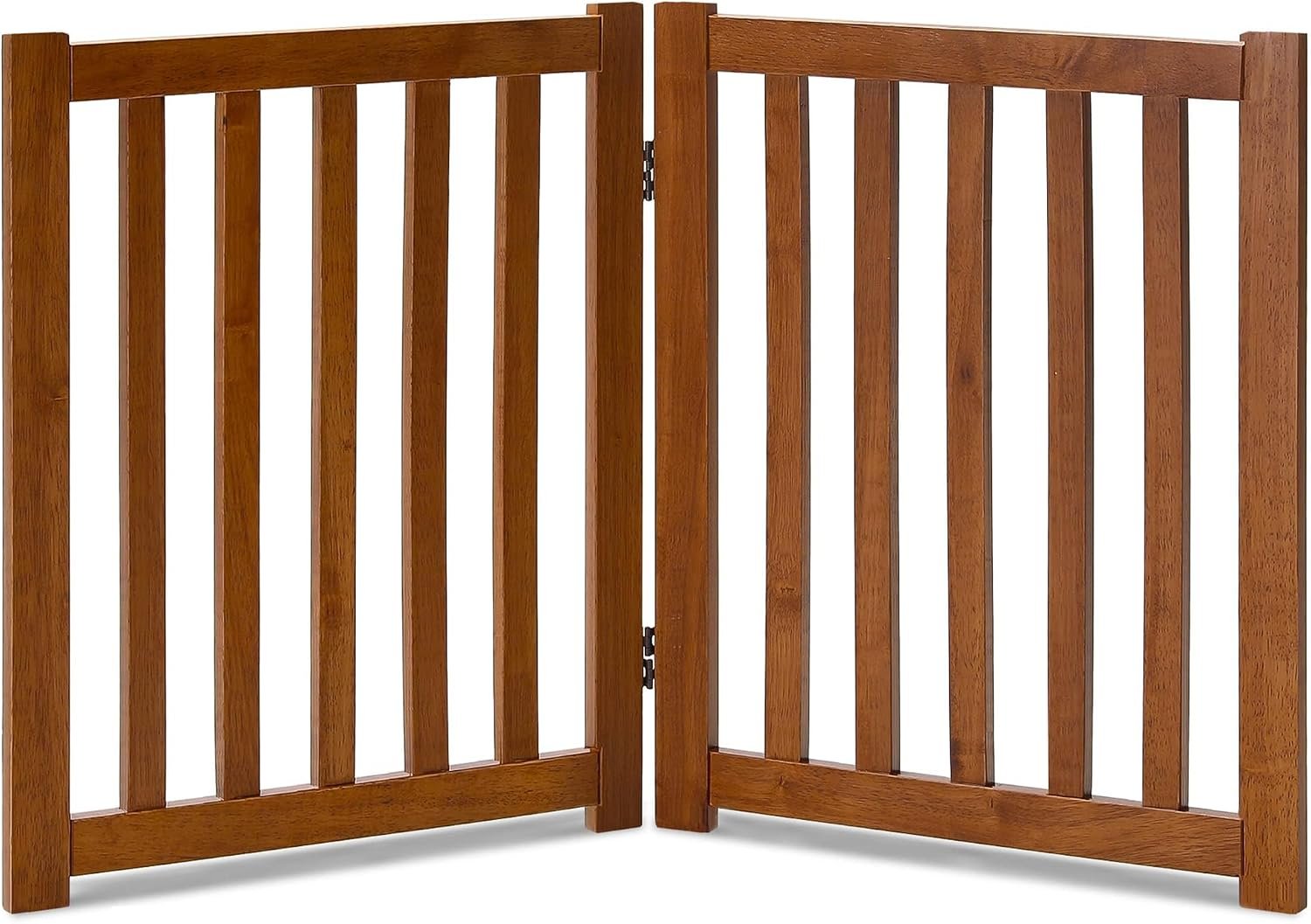 LZRS Wooden Free Standing Dog Gate 40″ W x 24″ H, Foldable Solid Hardwood Pet Safety Fence for House Doorways, Stairs, Hallways, Step-Over Pet Barrier, No Drill Easy Setup, Brown Oak