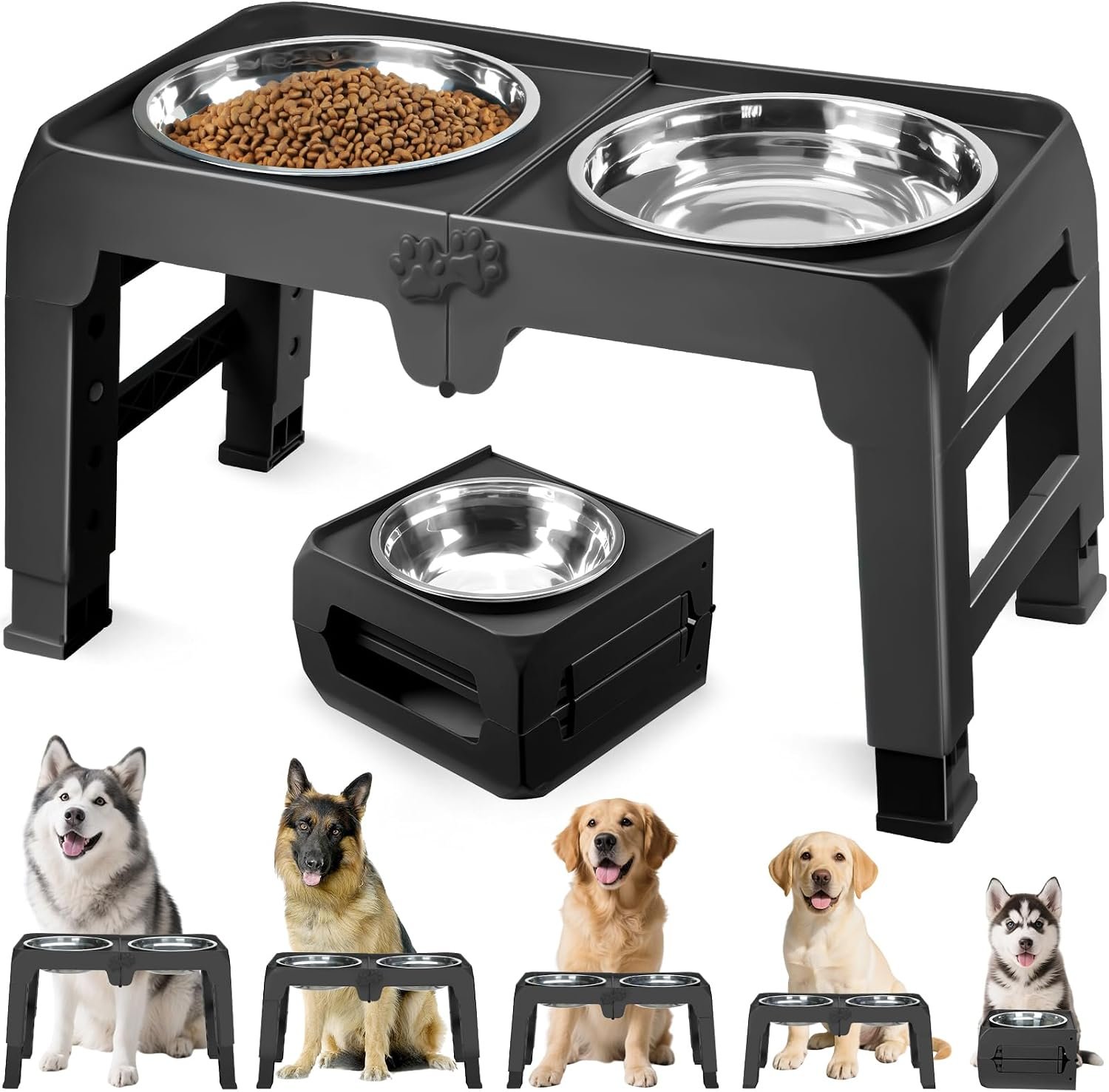 Elevated Dog Bowls for Large Dogs 5 Adjustable Heights 7.5″-15.4″, 2 X-Large 10” Stainless Steel Bowls, Heavy Duty Raised Dog Bowl Stand Foldable Pet Feeder for Dogs Shoulder Height Over 15”, Black