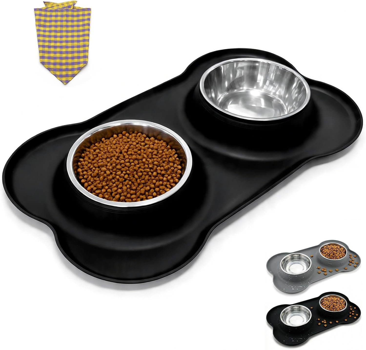 1pcs Double Stainless Steel Dog Bowls with Non-Slip Silicone Mat, Extra Small Puppy Food and Water Bowl Set, Spill Proof & Dishwasher Safe Pet Feeding Bowls for Small Dogs and Cats Under 8 lbs, Black