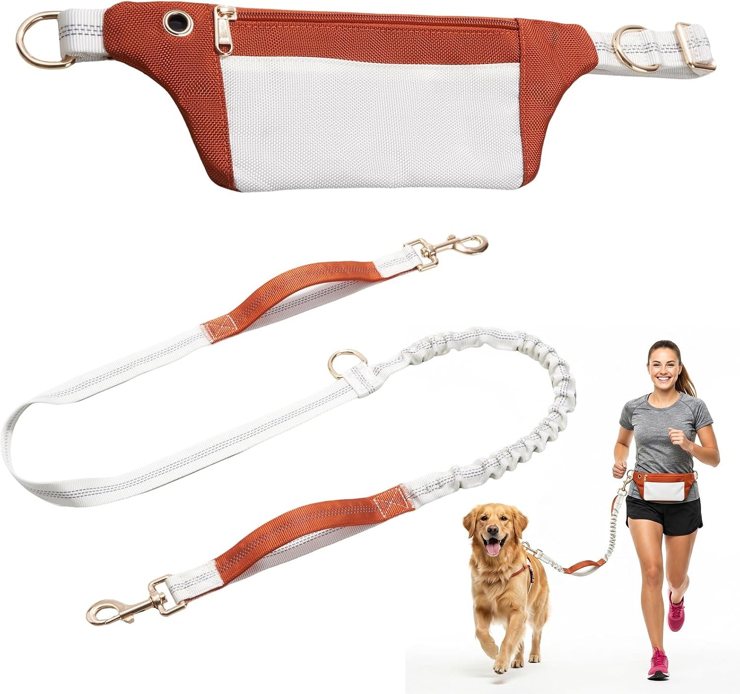 Hands Free Dog Leash with Pouch for Walking and Running, Adjustable Waist Belt, Shock-Absorbing Bungee, Dual Padded Handles and Reflective Stitching, Ideal for Medium and Large Dogs (White)