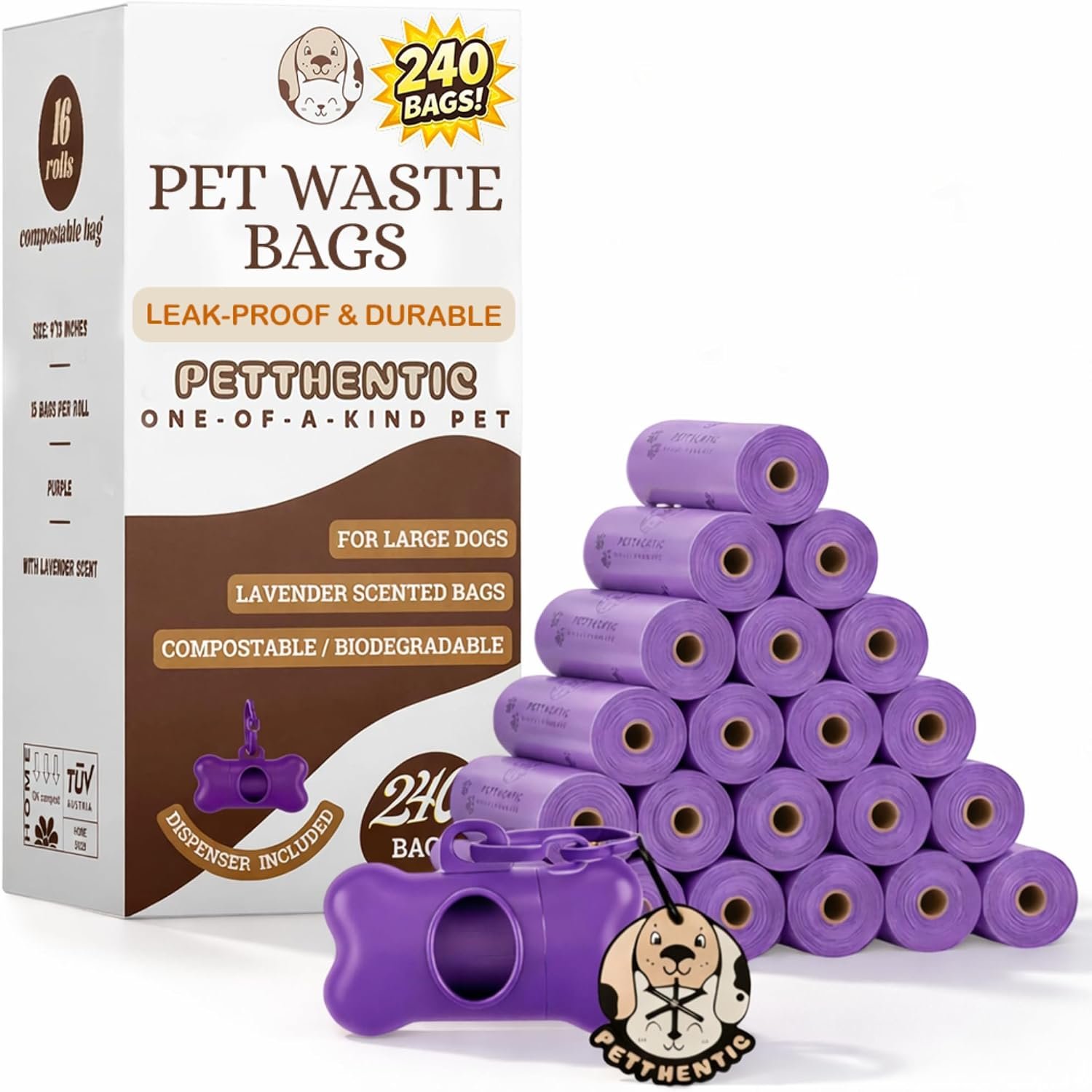 PETTHENTIC Biodegradable Dog Poop Bags with Leash Holder & Dispenser, 240 Count – Lavender Scented, Extra Thick Leak-Proof Cornstarch Waste Bags for Dogs, 16 Rolls, Eco-Friendly Compostable