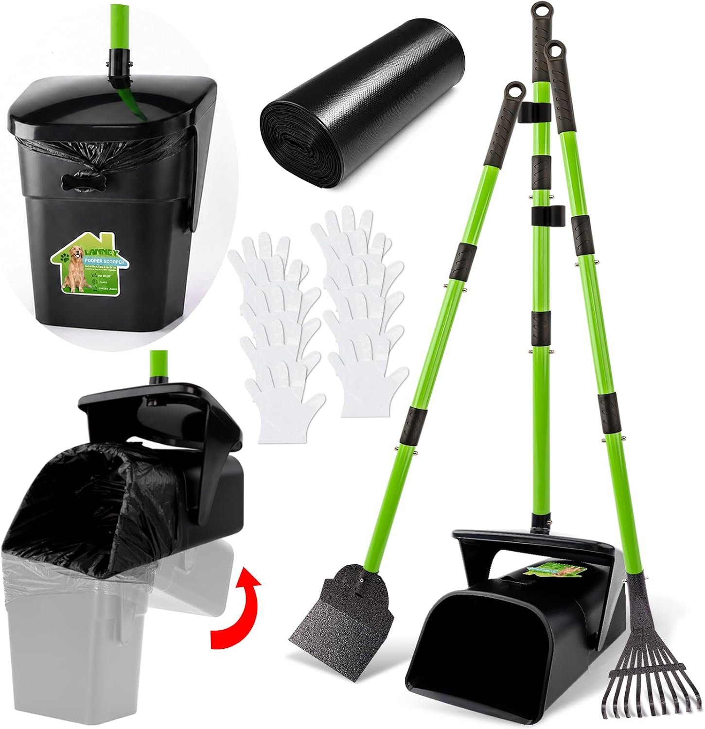 LANNEY Pooper Scooper – 38″ Long Adjustable Metal Handle Dog Pooper Scooper Swivel Bin & Rake & Spade with 50 Bags Attachment, Portable Heavy Duty Dog Poop Scooper for Yard Dogs Large Medium Small