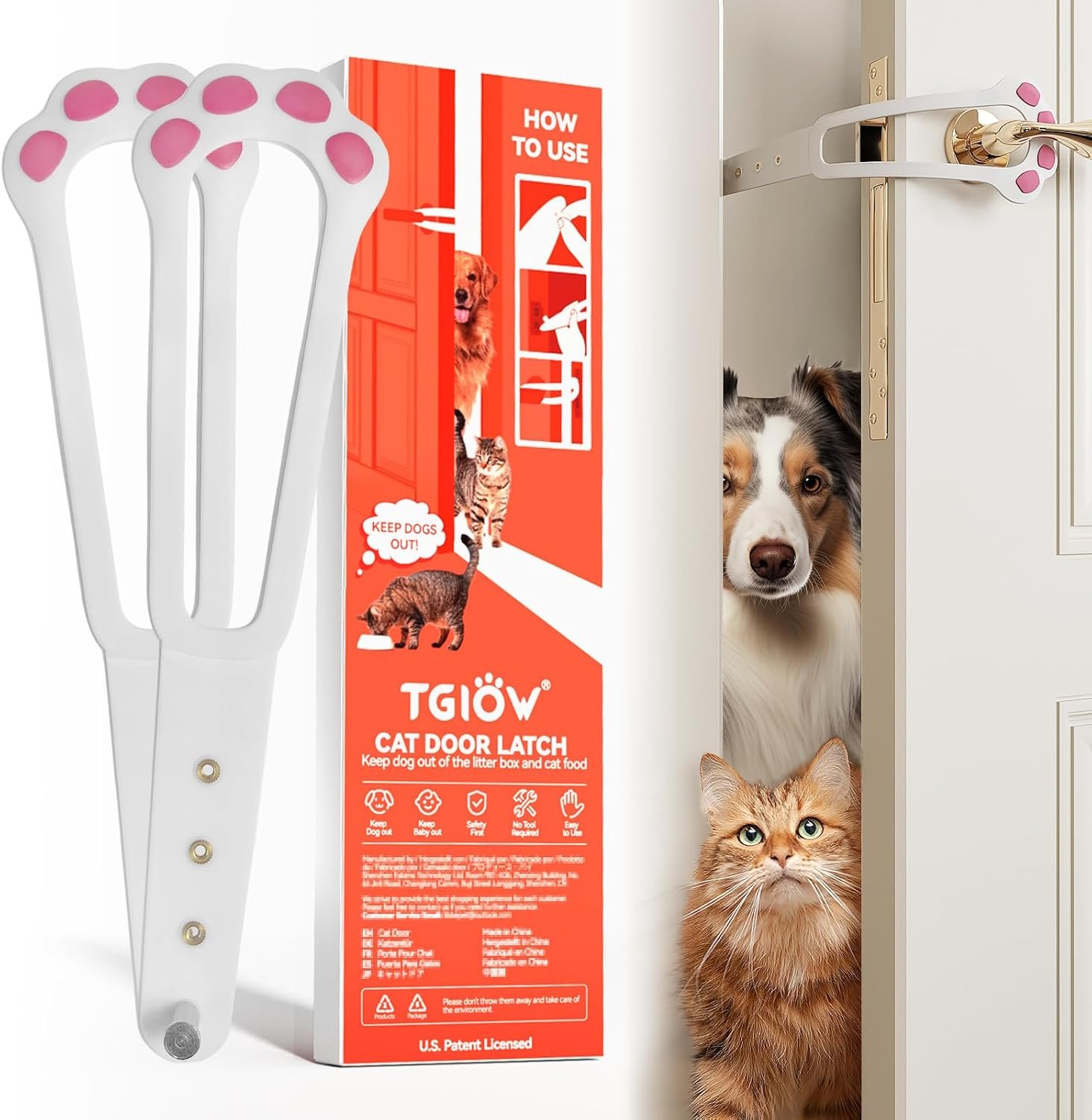 TGIOW Cat Door Latch, 2 Pcs Cat Door Stopper Pet Door Latch to Keep Dog Out of Litter Box and Food, Door Prop for Cat with 4 Adjustable Size Strap 2.2-5″ Wide, No Measuring, Easy to Install, White