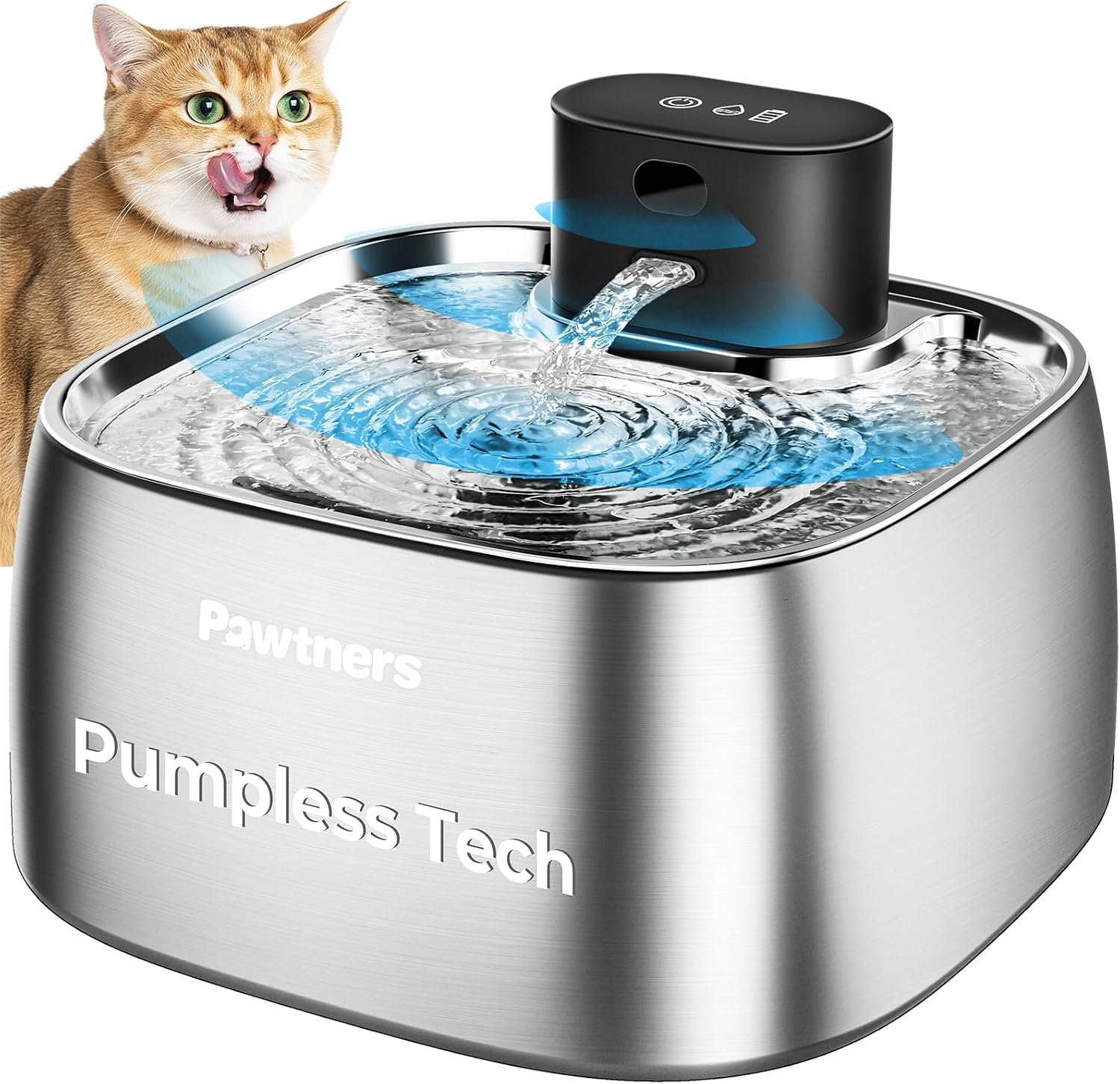 Pawtners Pumpless Cat Water Fountain Stainless Steel 108oz/3.2L, 3 Modes