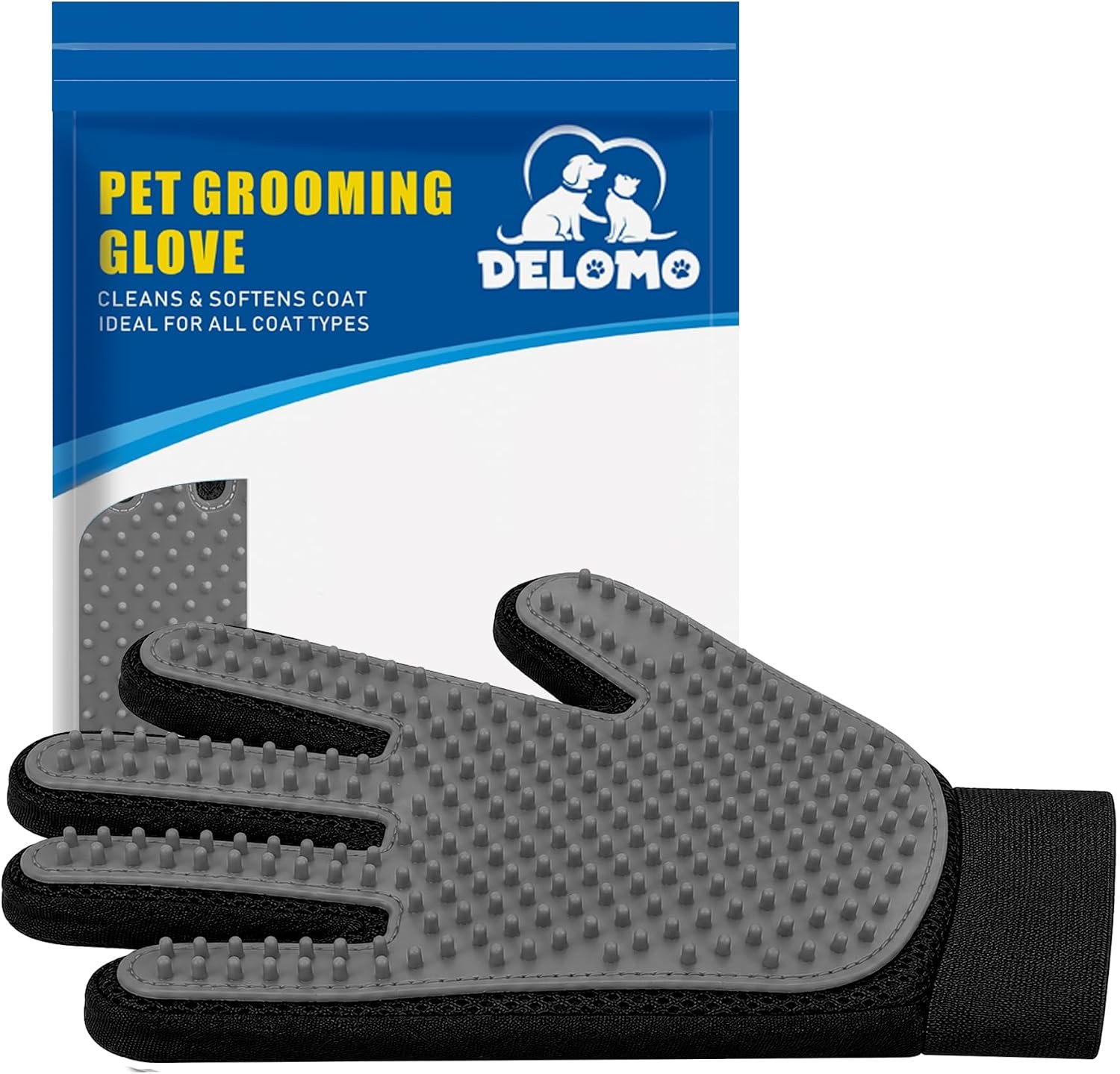 Pet Hair Removal Glove with 255 Silicone Tips for Dogs & Cats, Right Gray