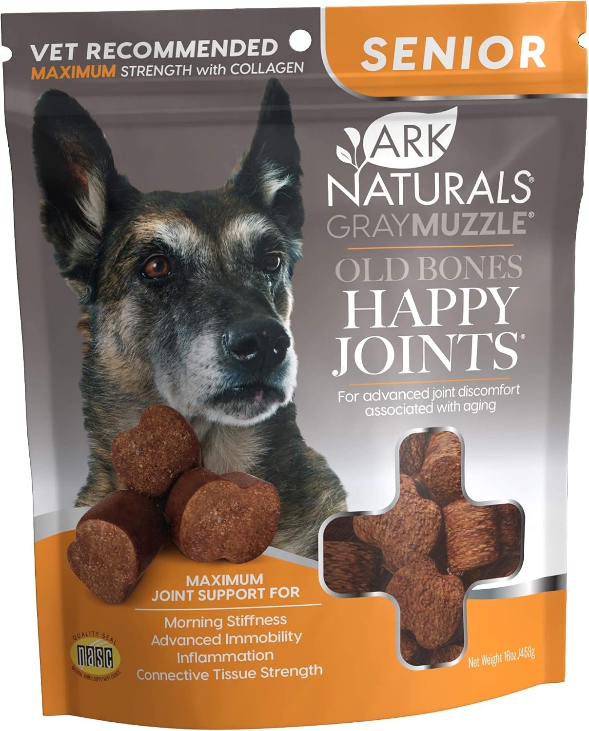 ARK NATURALS Gray Muzzle Old Dogs Happy Joints Maximum Strength Chews for Large Breed Dogs, Support Cartilage and Joint Function, 500 mg Glucosamine, 16.5 oz Bag, Packaging May Vary (71008)