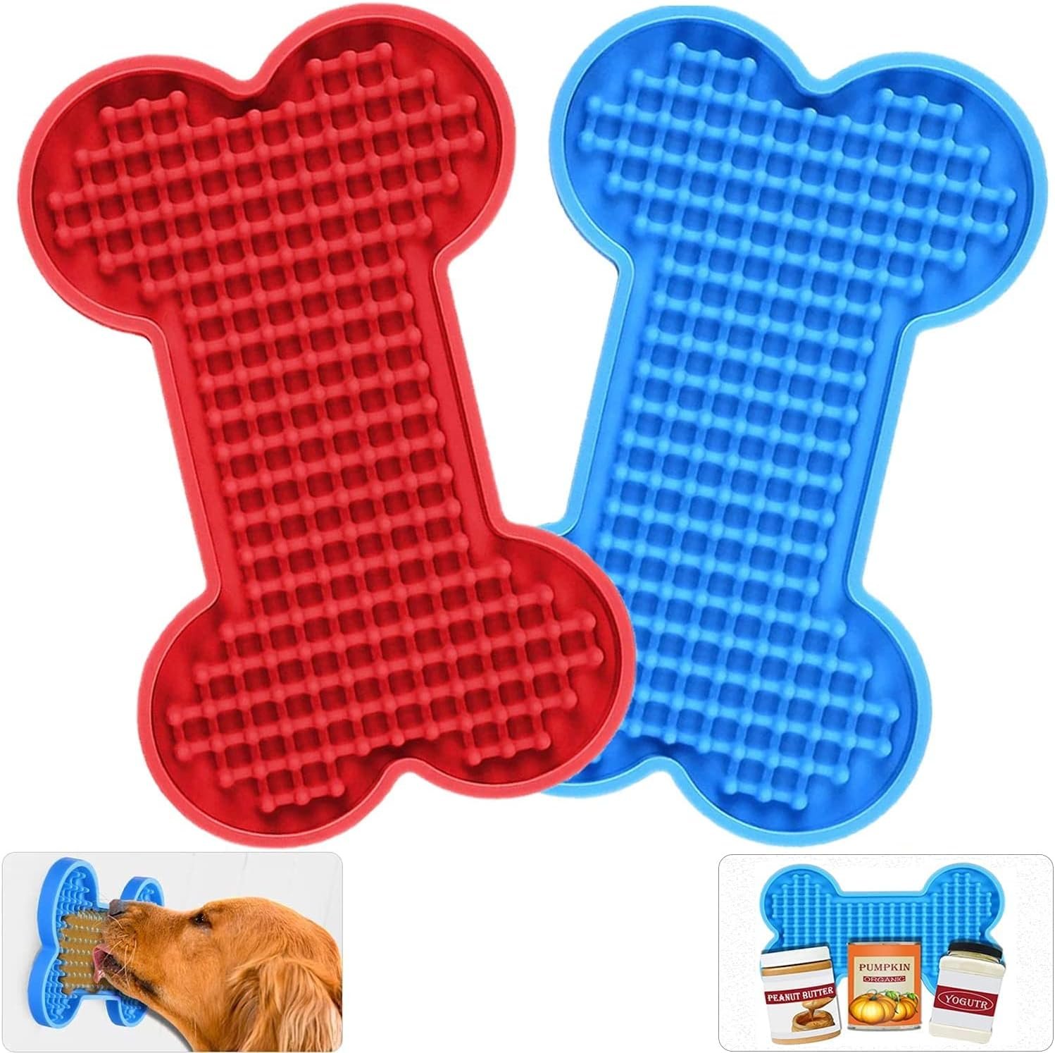 Lick Mat for Dogs – 2 Pack Peanut Butter Licking Mats, Slow Feeding Bowl, Tattoo and Anxiety Reducer for Pet Food, Yogurt, Bath, Grooming and Training
