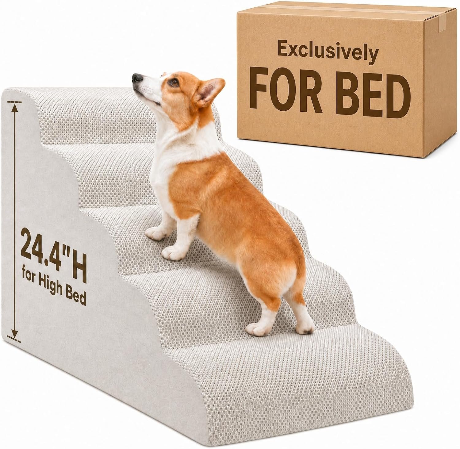 Dog Ramp for Bed,Pet Ramp for High Bed,Dog Stairs for Small & Medium Dogs,Curved Non-Slip Ladder for Older Dogs & Cats,24.4″ H,5-Step (White)