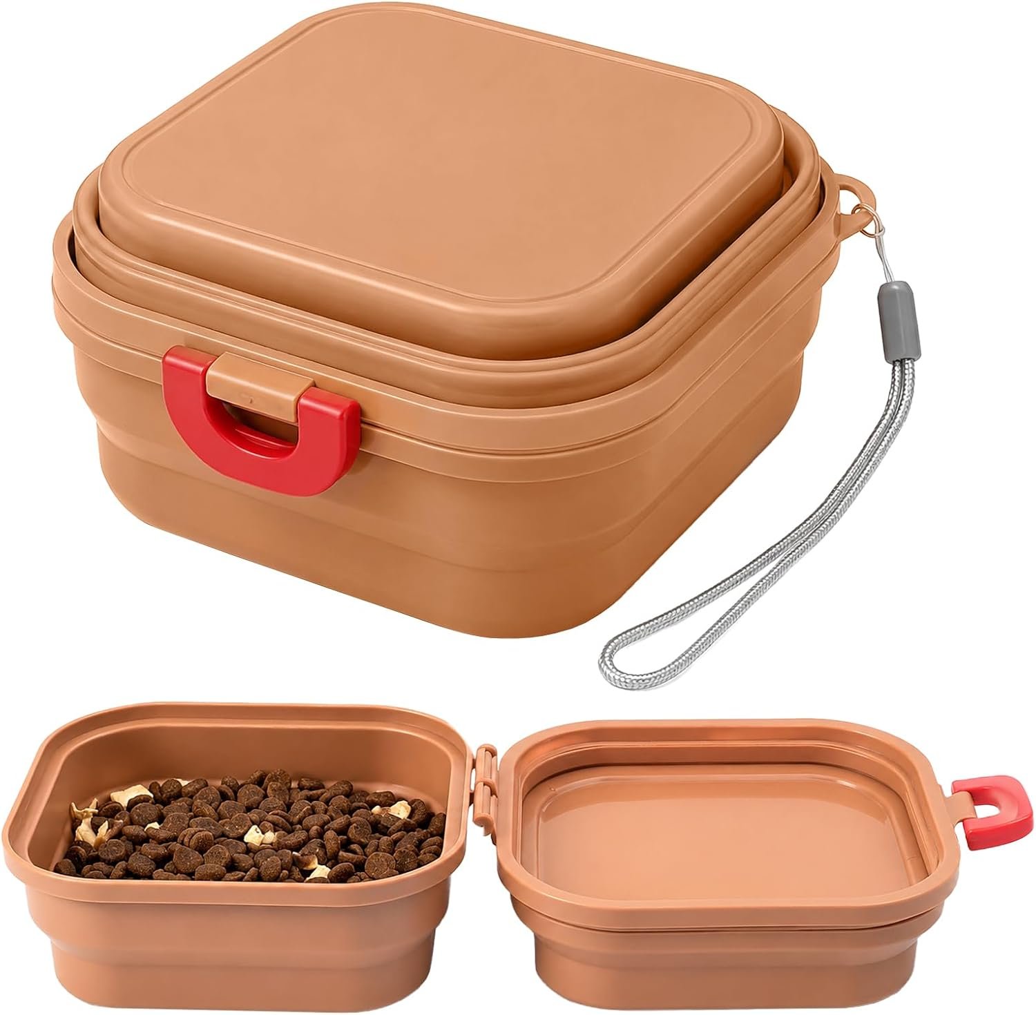 Dual Compartment Portable Dog Cat Dry Food Storage Container (Caramel)