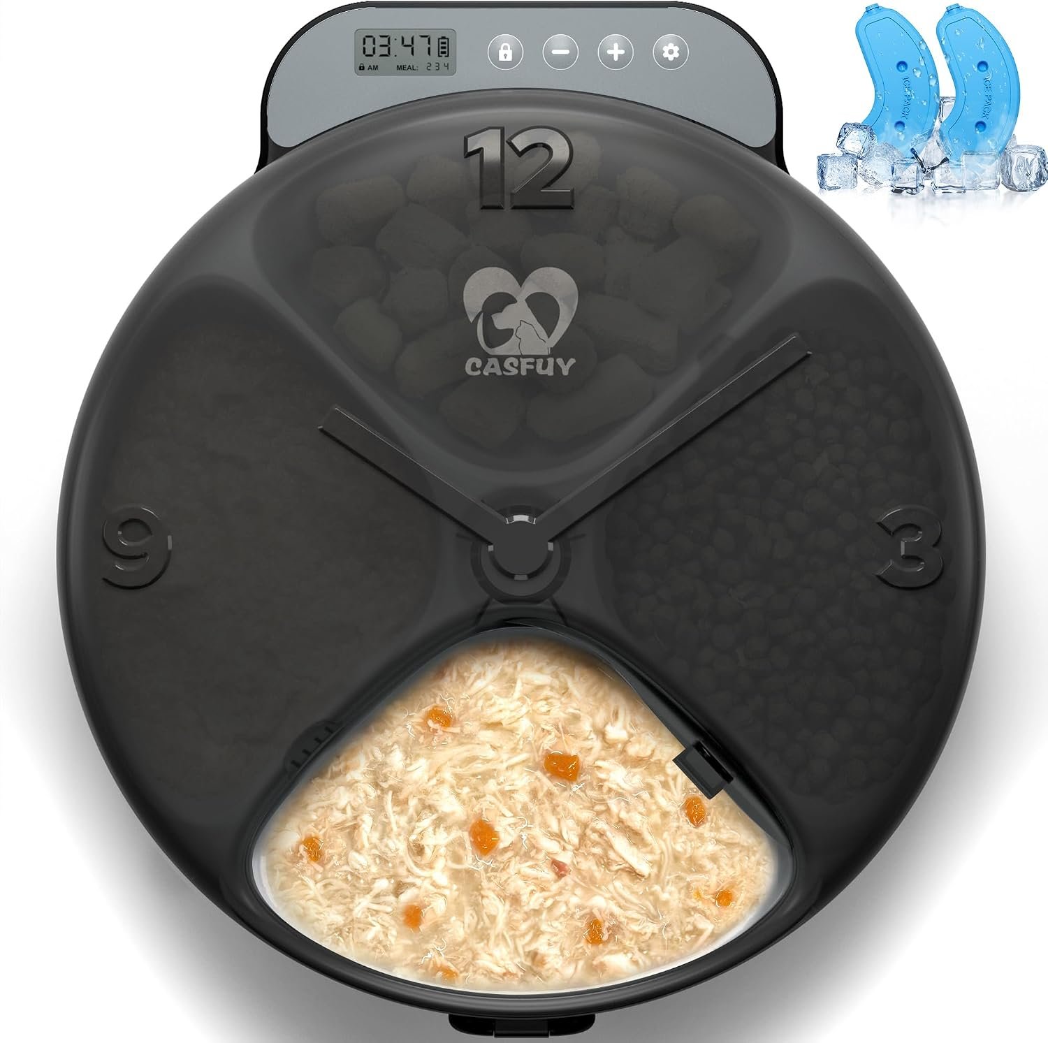Casfuy Battery-Operated Automatic Cat Feeder – Whisker Friendly Automatic Cat Food Dispenser for Wet Dry Food Cordless 4-Meal Auto Feeder for Cats Small Dogs with Programmable 12H/24H Format Timer