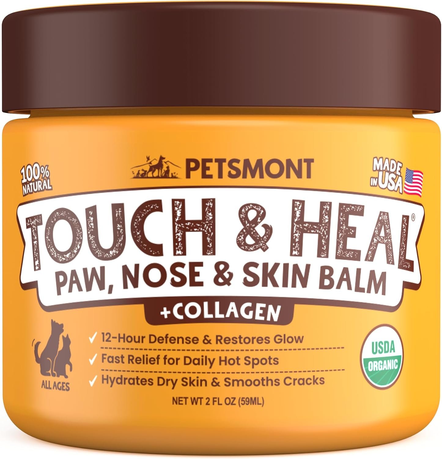 Petsmont Touch & Heal Organic Paw Balm for Dogs 2oz – Cream Lotion Protection Moisturizer Nose Natural Soother Hot Pavement Wax Dry Paws Cracked Butter Protectors Pad Snout Puppy Elbow Foot Pet