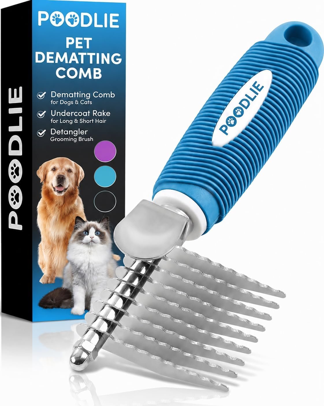 Poodle Dematting Fur Rake Comb Brush for Dogs and Cats – Long 2.5″ Steel Safety Blades Metal Comb for Detangling Matted or Knotted Undercoat Hair