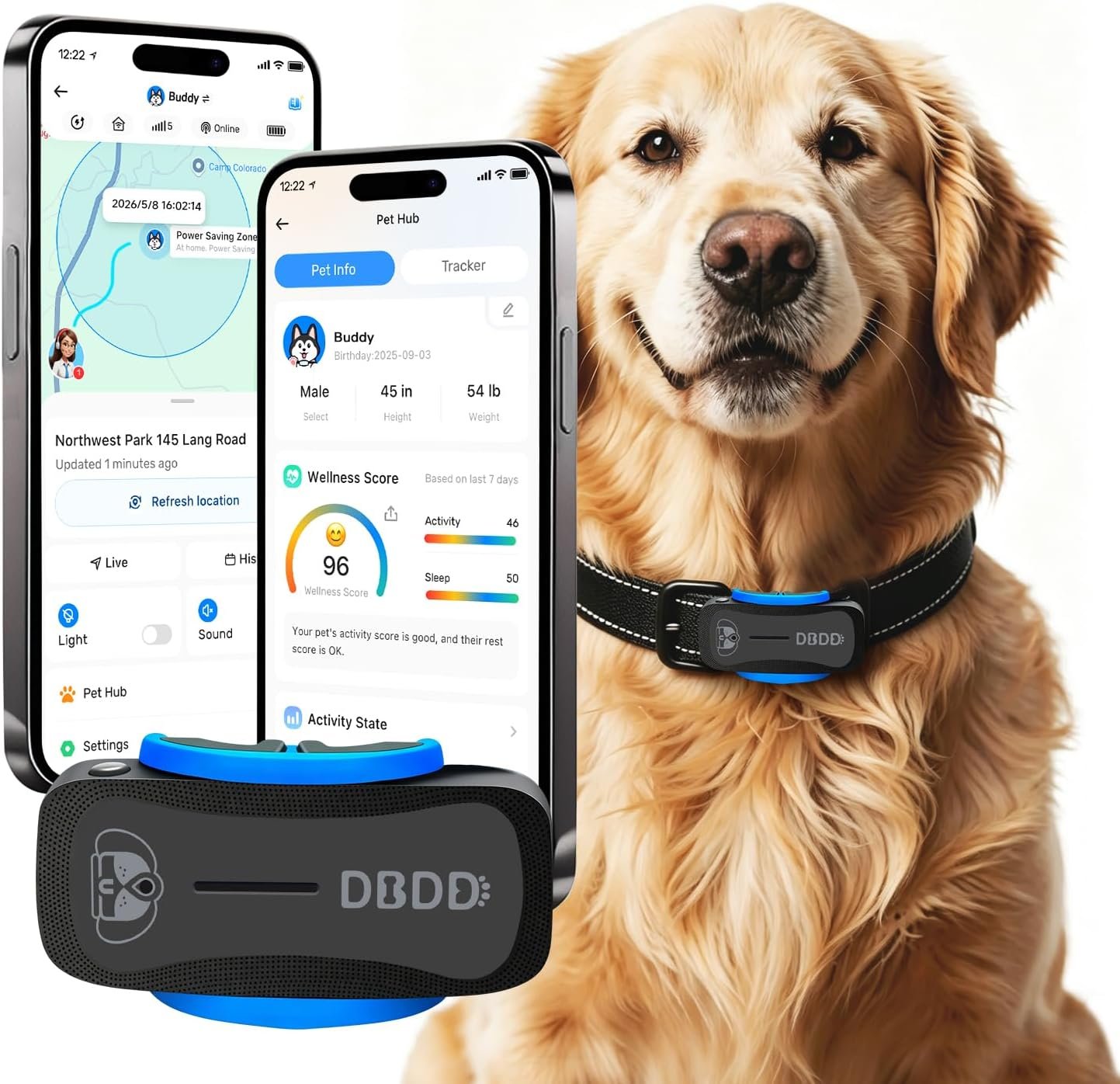 DBDD GPS Dog Tracker with Subscription,Virtual Fence&Health Monitor,IP67,BK
