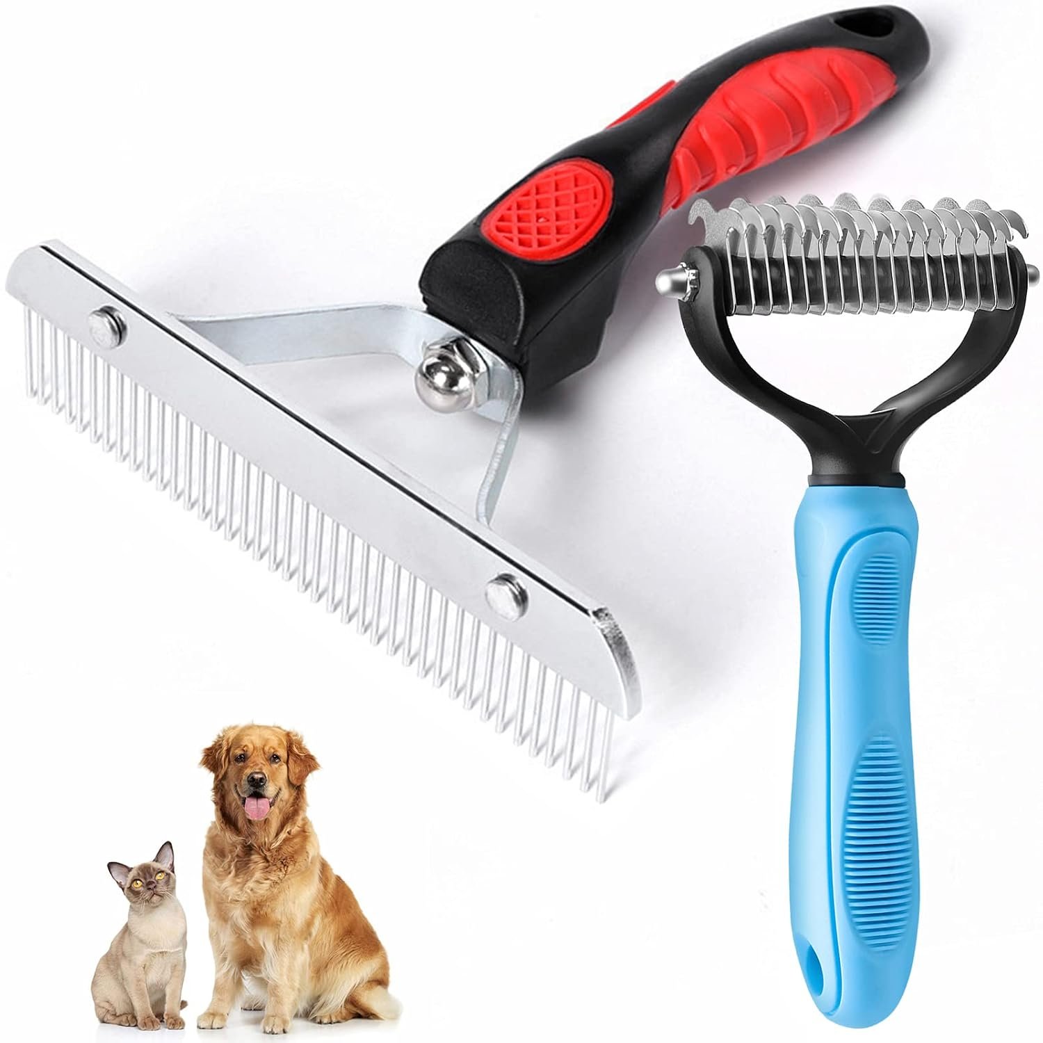 Long Tooth Undercoat Grooming Rake + Curved-Tooth Detangling Comb