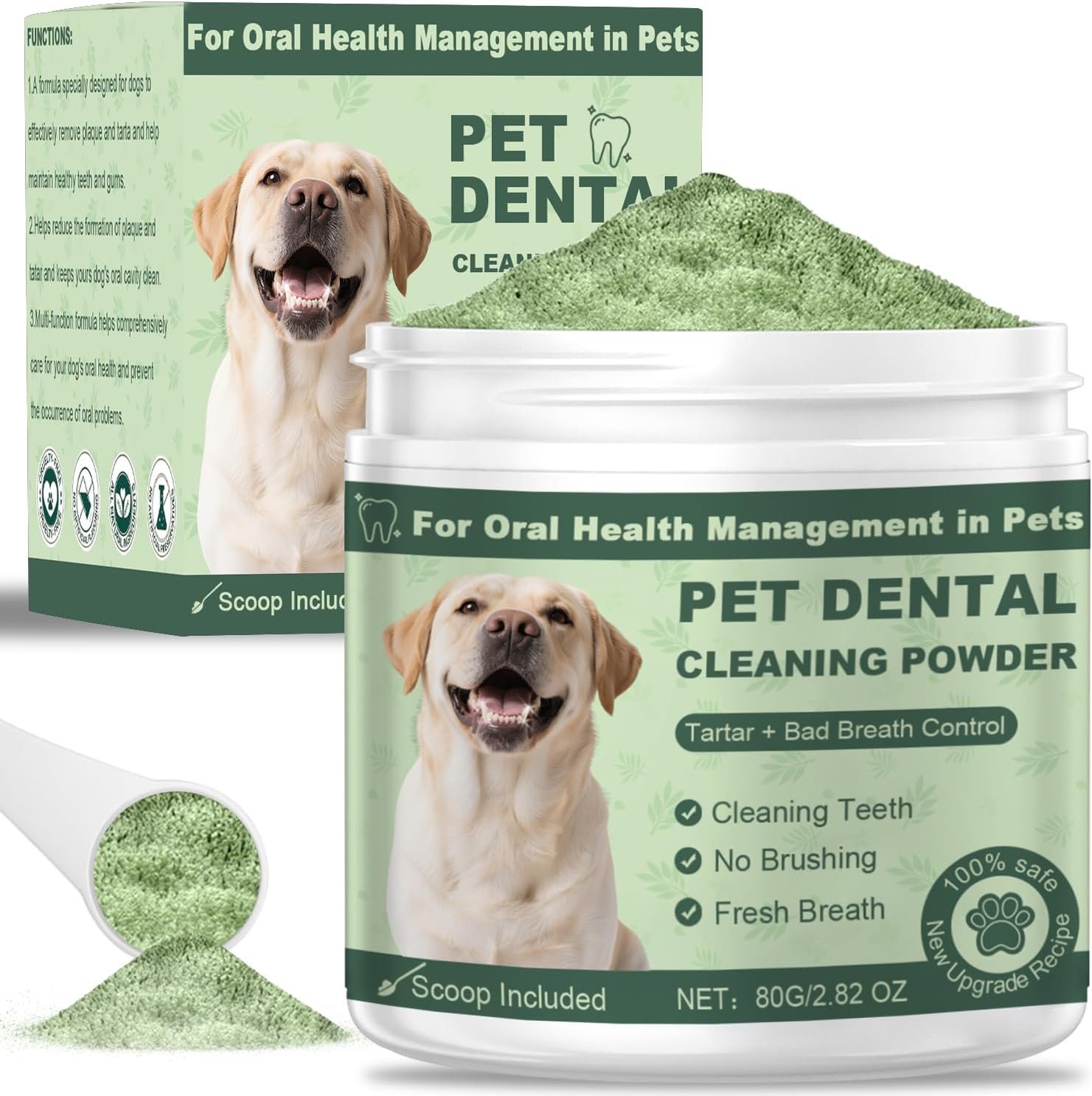 Dog Teeth Cleaning Powder, Dog Dental Powder, Dog Dental Care, Targets Tartar & Bad Breath & Reduces Plaque, Dental Powder for Dog Teeth Cleaning, Green