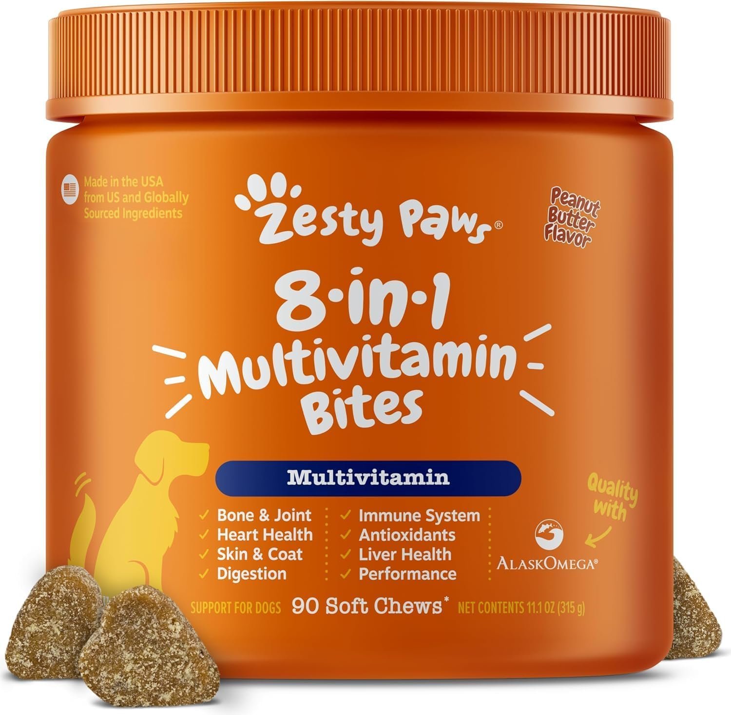 Zesty Paws Dog Multivitamin + Glucosamine for Dogs – Peanut Butter, 90 Ct