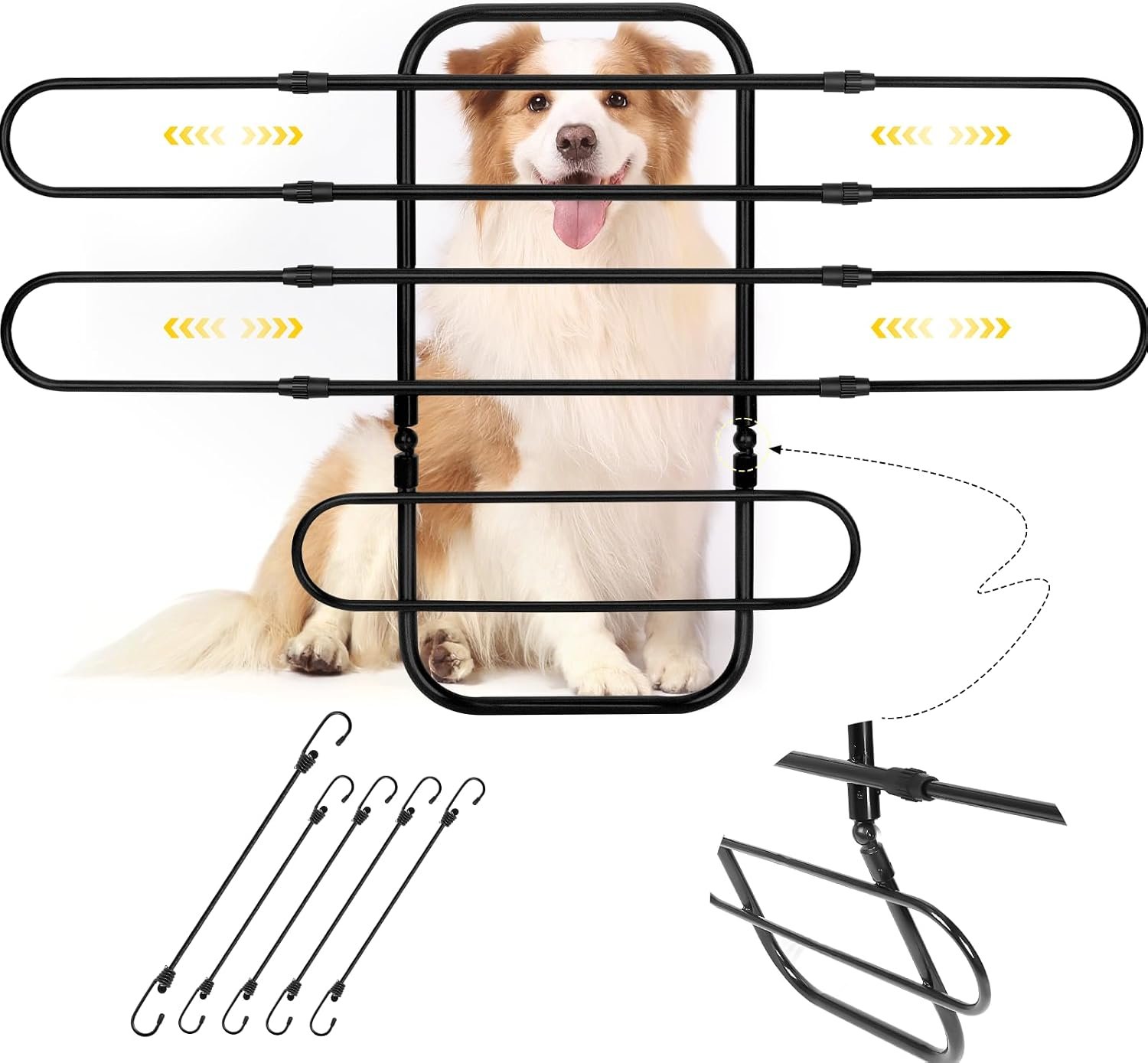 Universal Fit Dog Barrier for SUV,Sedan,Truck,Front/Back Seat,Elastic 5 Ropes&Steel Hooks Firmly Fixed,42.5″–62″Width Adjustable,Dog Car Barrier Follow the Seat Movement,Durable Matte Paint