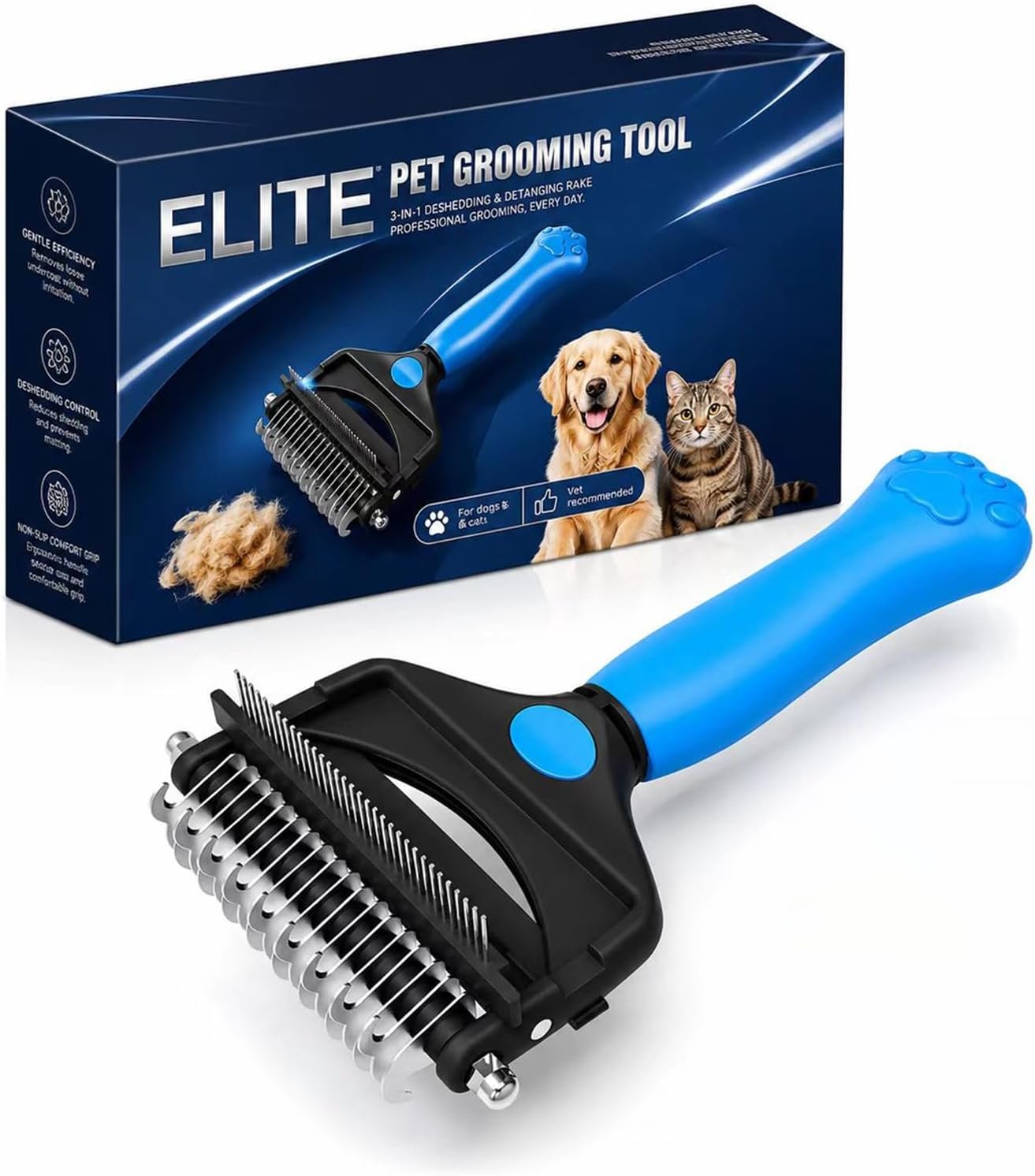 Deshedding Dog Brush，3-in-1 Undercoat Rake for Dogs (Blue)