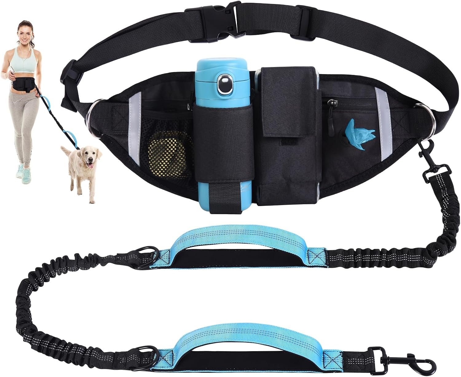 Hands Free Dog Leash, Waist Leash for Dog Walking, Running, Jogging (Blue)