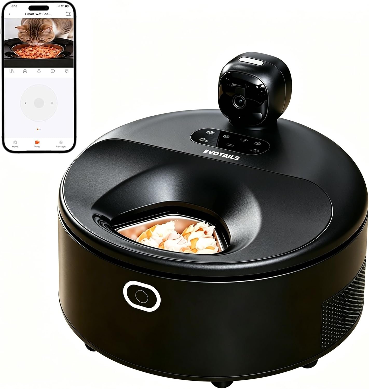 Wet Food Automatic Cat Feeder with Camera, Semiconductor Cooling & Heating with Stainless Steel Bowl, APP Control with Camera & Meal Call, 5 Fresh Meals Pet Food Dispenser (Black)