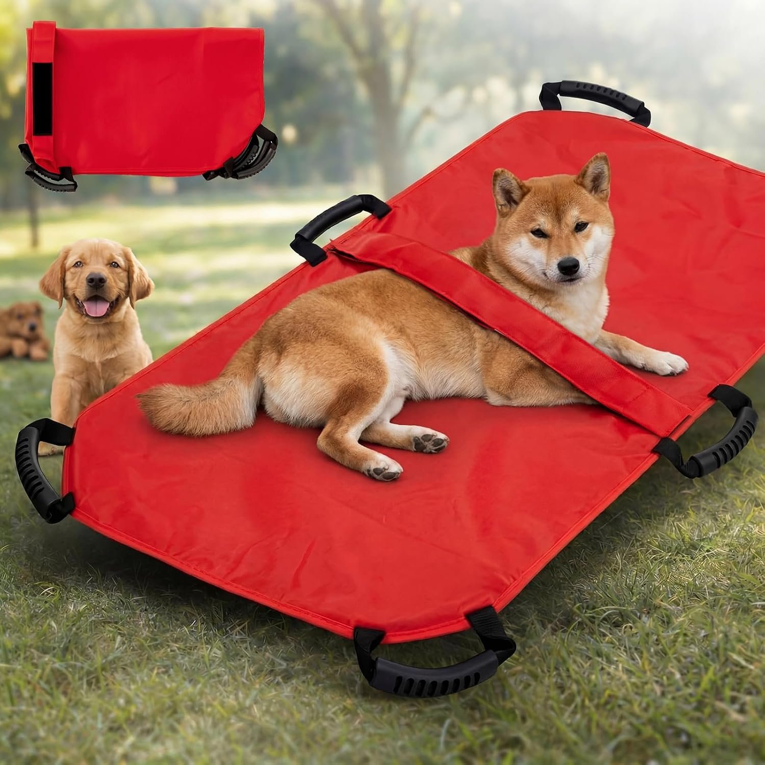 Geiserailie Red Emergency Dog Stretcher for Large Dogs Portable Pet Rescue Carrier with 6 Handles & Safety Strap, Foldable for Travel & First Aid